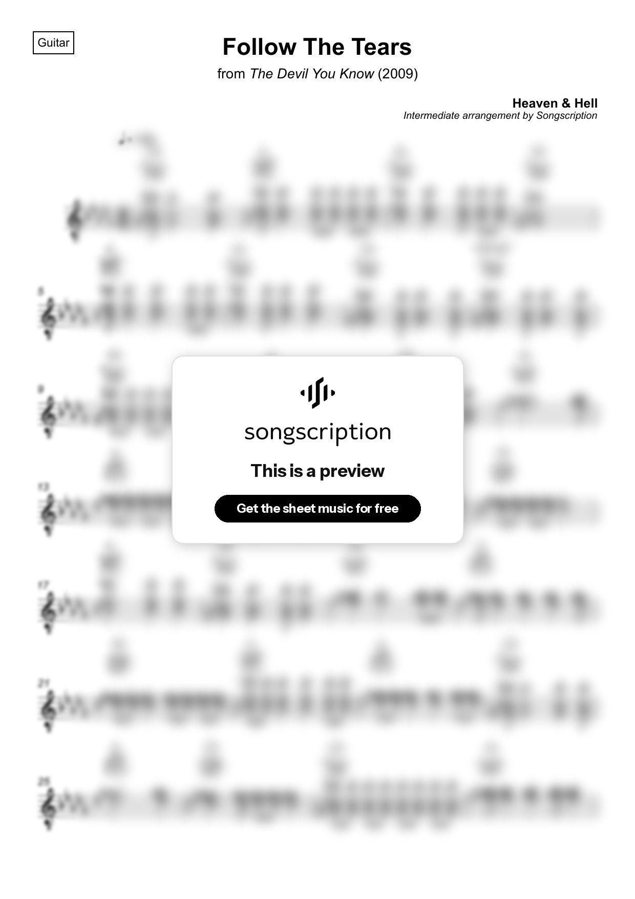 Intermediate Acoustic Guitar Sheet Music for "Follow The Tears" by Heaven & Hell