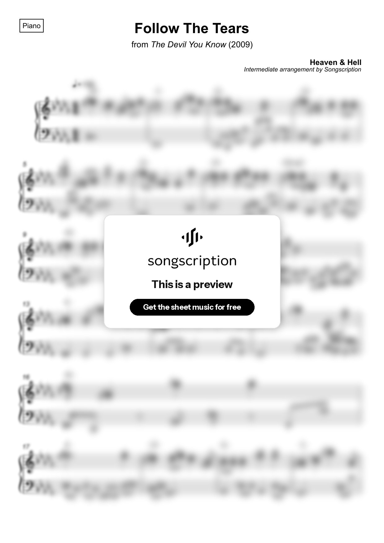 Intermediate Piano Sheet Music for "Follow The Tears" by Heaven & Hell