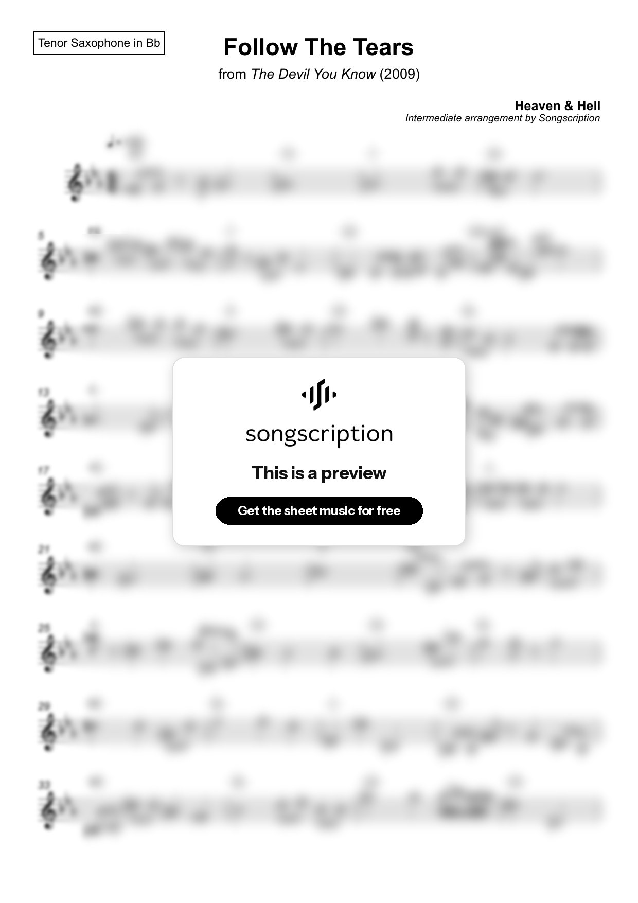 Intermediate Tenor Sax Sheet Music for "Follow The Tears" by Heaven & Hell