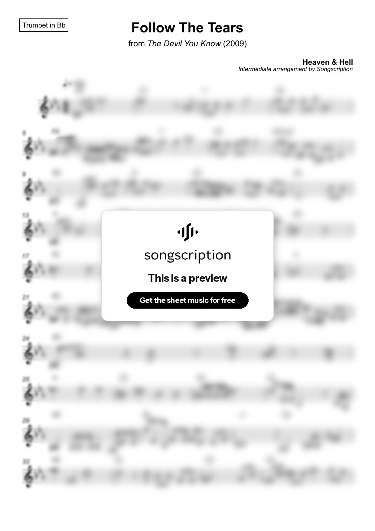 Intermediate Trumpet Sheet Music for "Follow The Tears" by Heaven & Hell