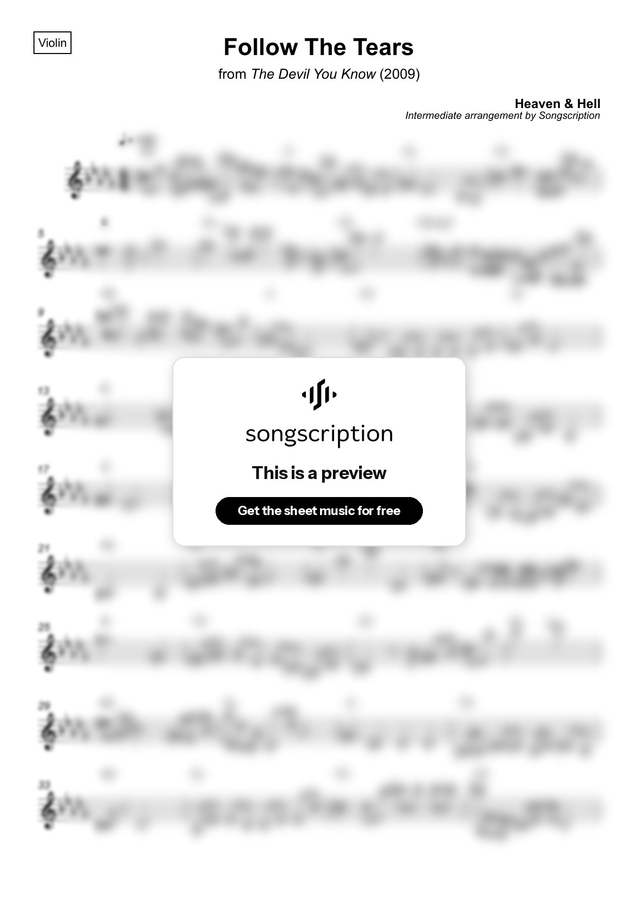Intermediate Violin Sheet Music for "Follow The Tears" by Heaven & Hell