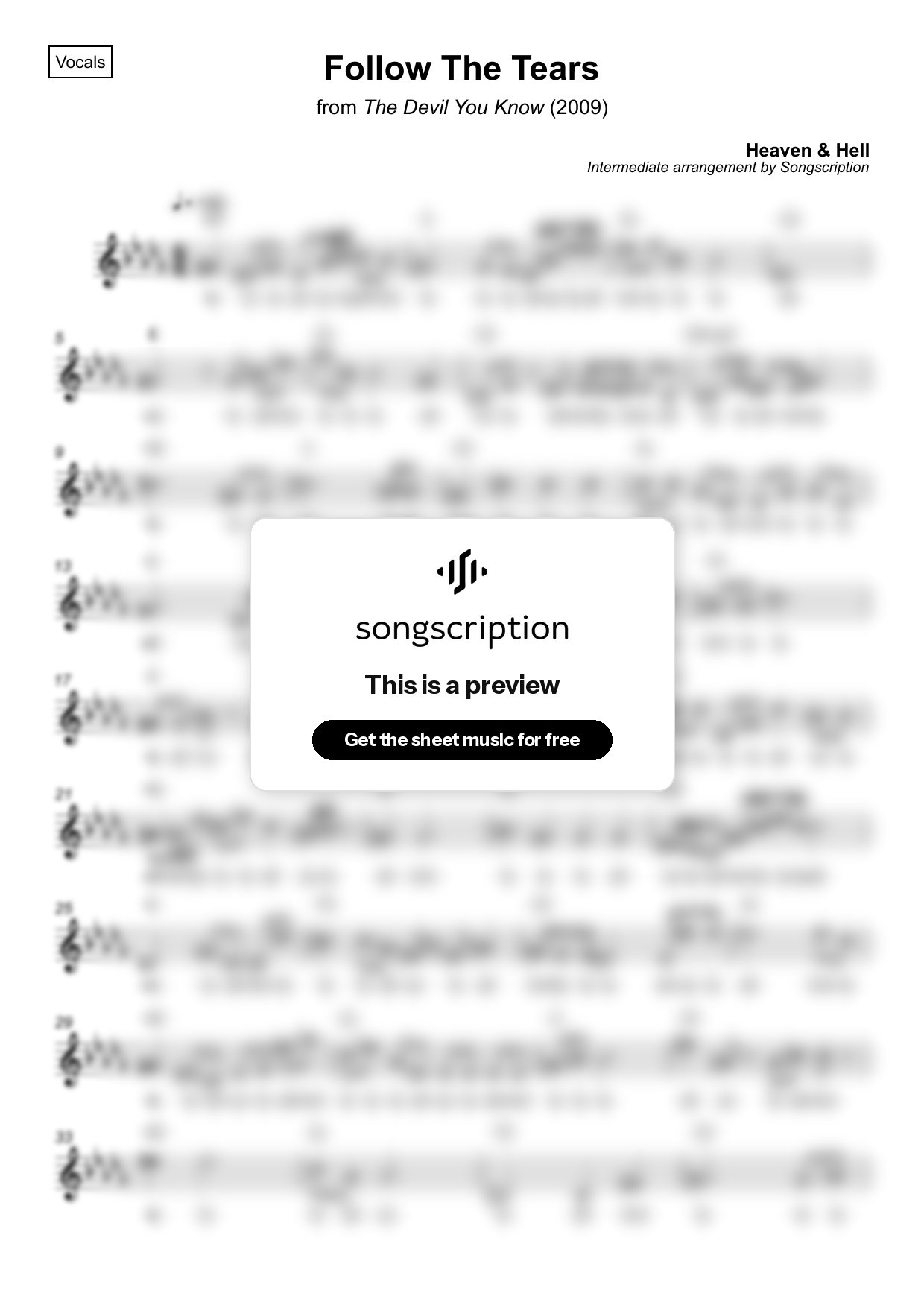 Intermediate Vocals Sheet Music for "Follow The Tears" by Heaven & Hell
