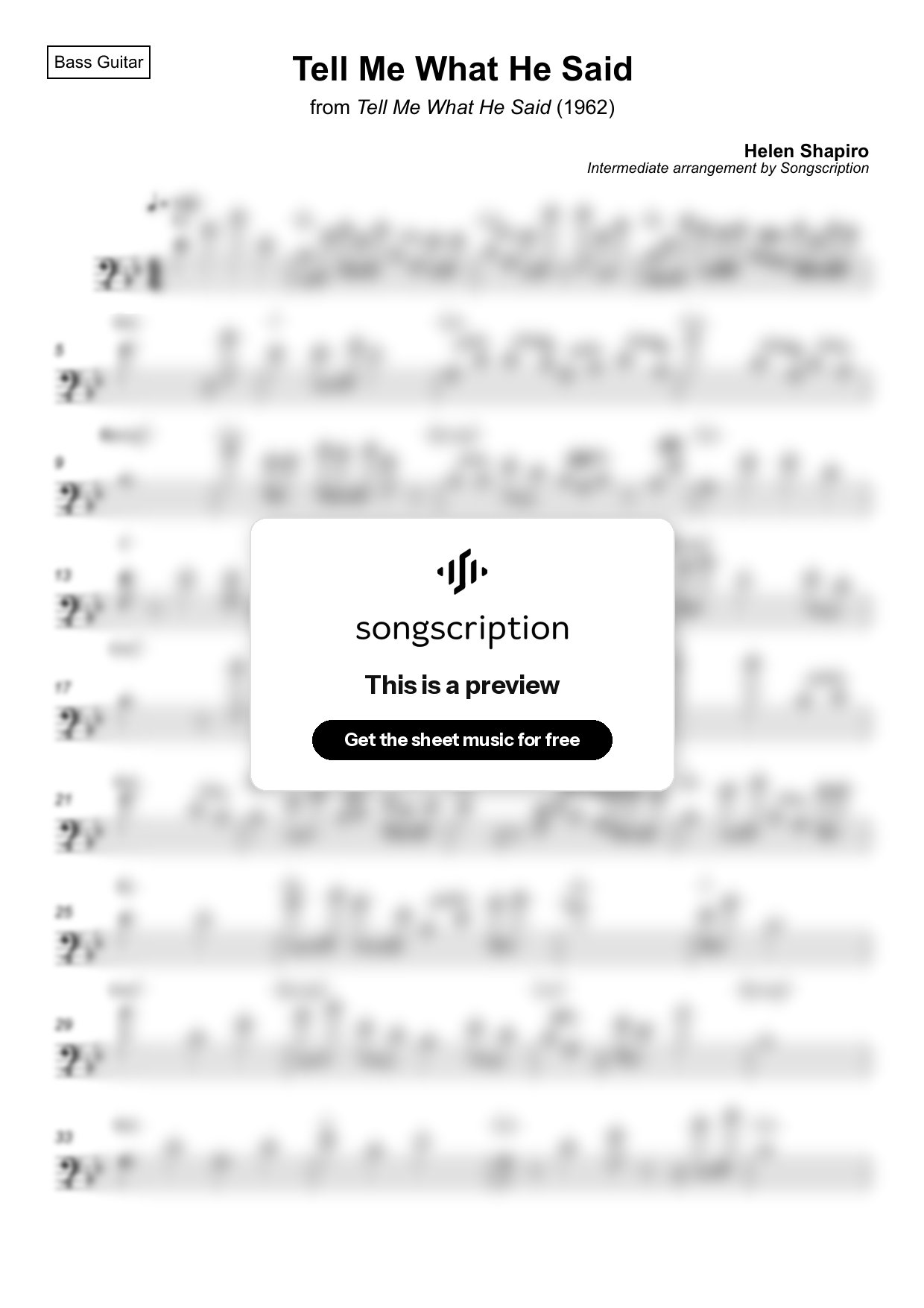 Intermediate Bass Guitar Sheet Music for "Tell Me What He Said" by Helen Shapiro