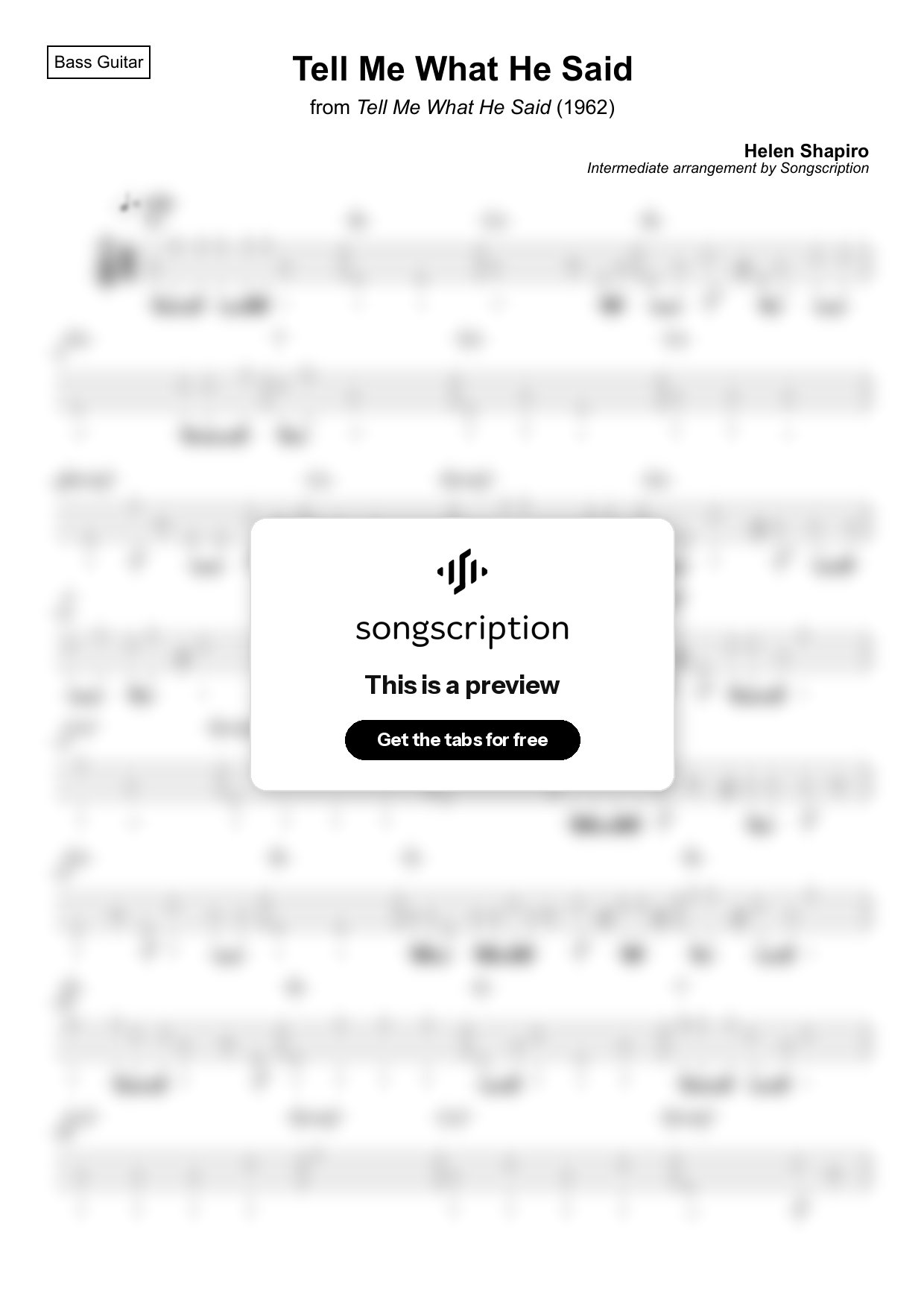 Intermediate Bass Guitar Tabs for "Tell Me What He Said" by Helen Shapiro