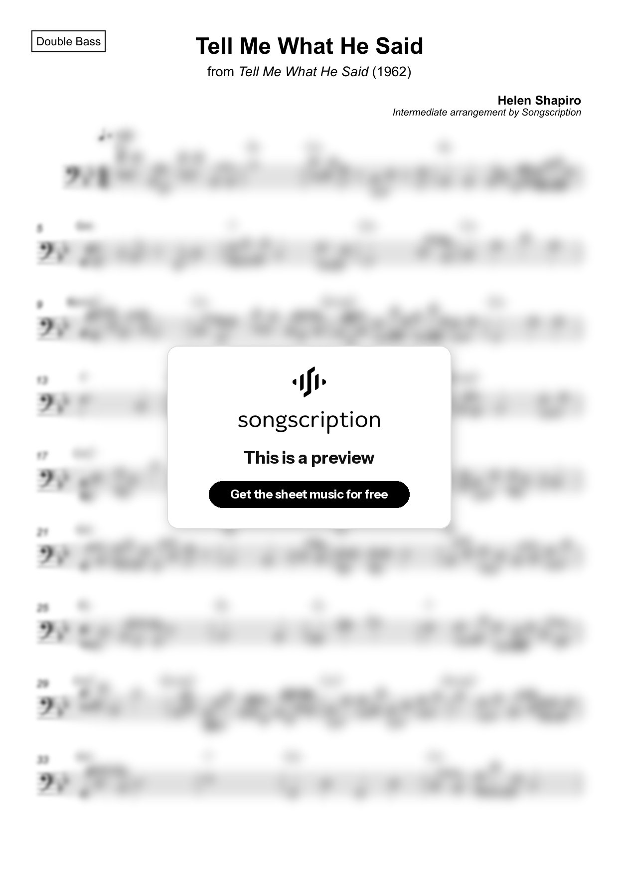 Intermediate Double Bass Sheet Music for "Tell Me What He Said" by Helen Shapiro