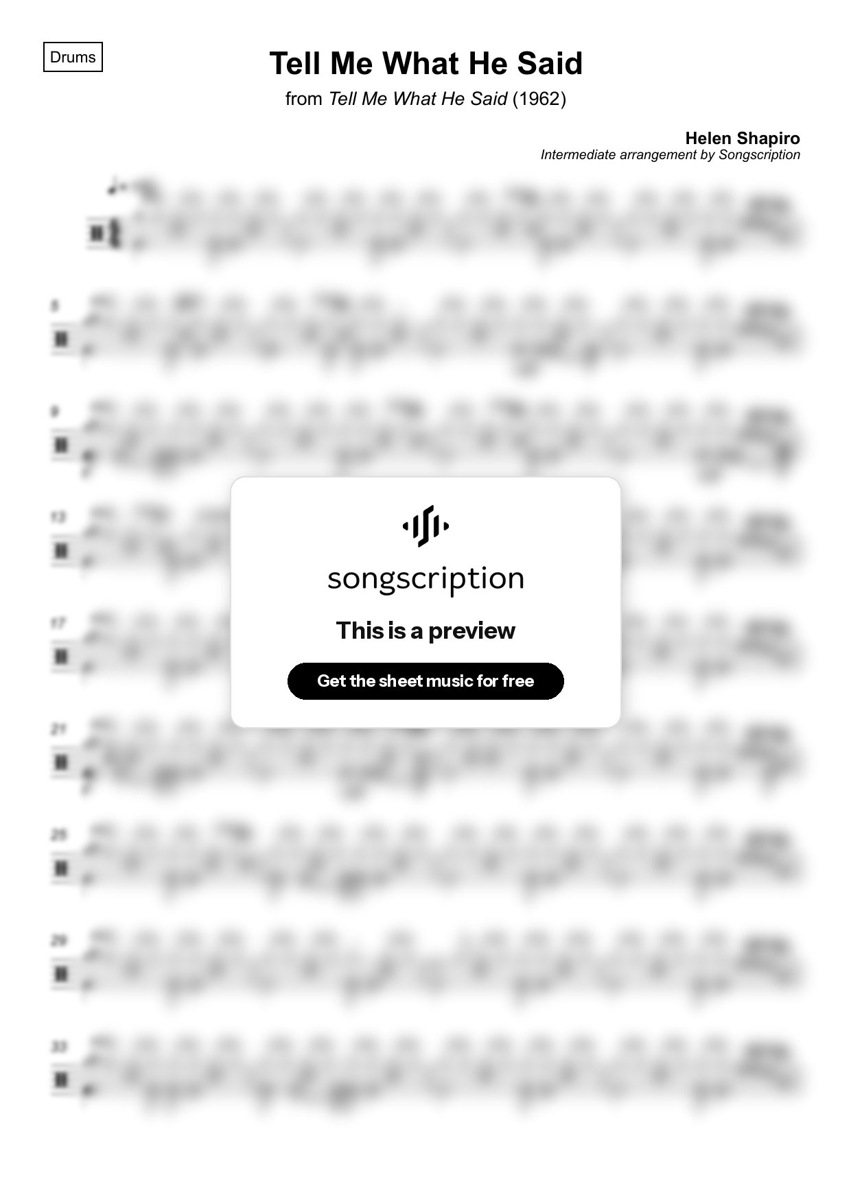 Intermediate Drums Sheet Music for "Tell Me What He Said" by Helen Shapiro