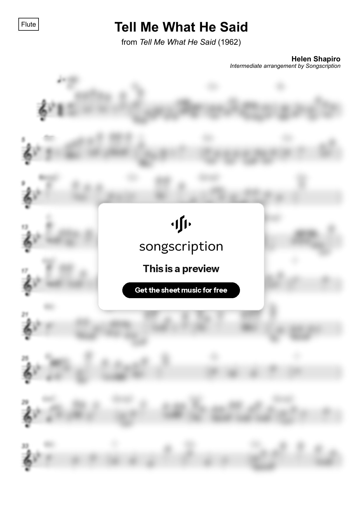 Intermediate Flute Sheet Music for "Tell Me What He Said" by Helen Shapiro