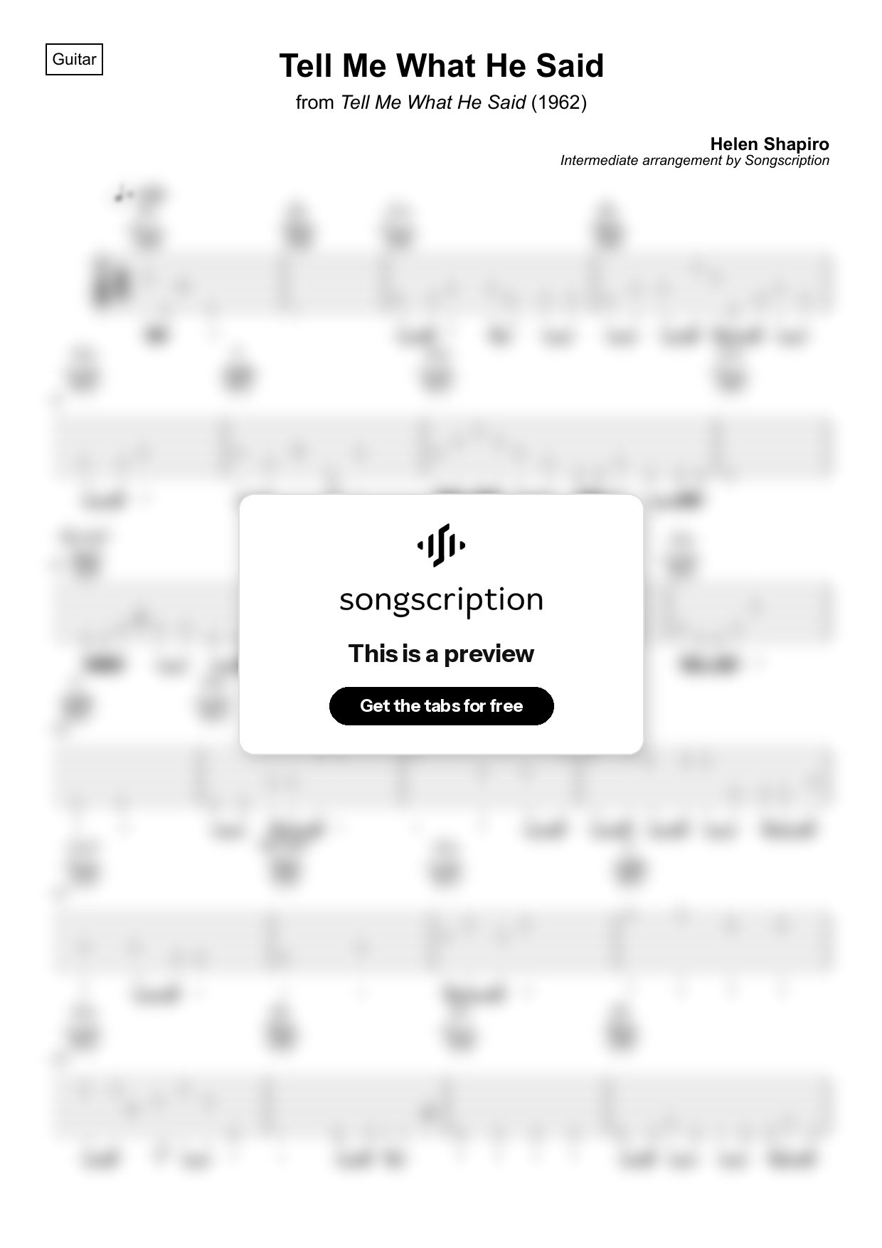 Intermediate Acoustic Guitar Tabs for "Tell Me What He Said" by Helen Shapiro