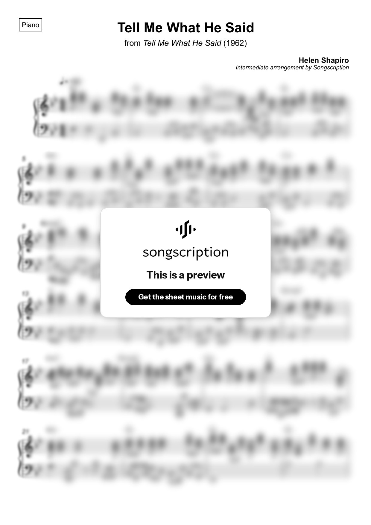 Intermediate Piano Sheet Music for "Tell Me What He Said" by Helen Shapiro