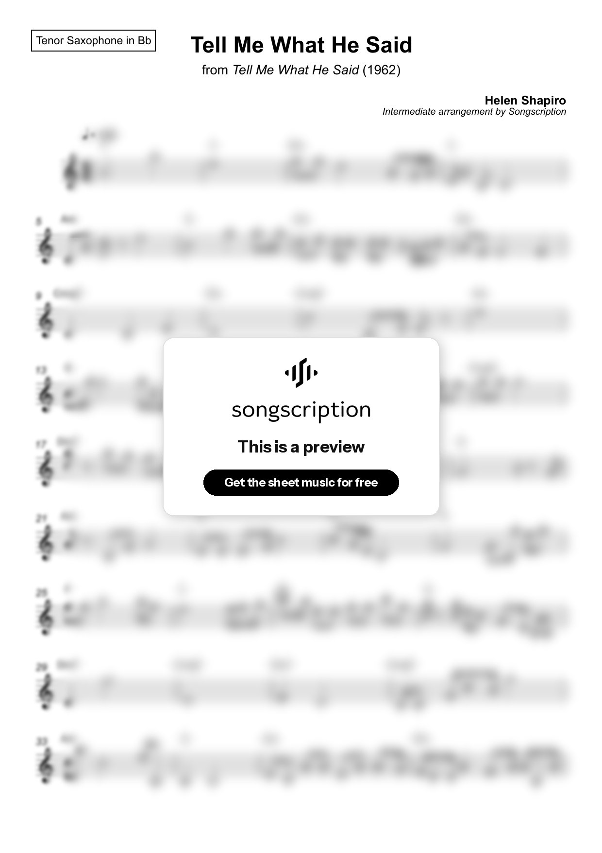 Intermediate Tenor Sax Sheet Music for "Tell Me What He Said" by Helen Shapiro