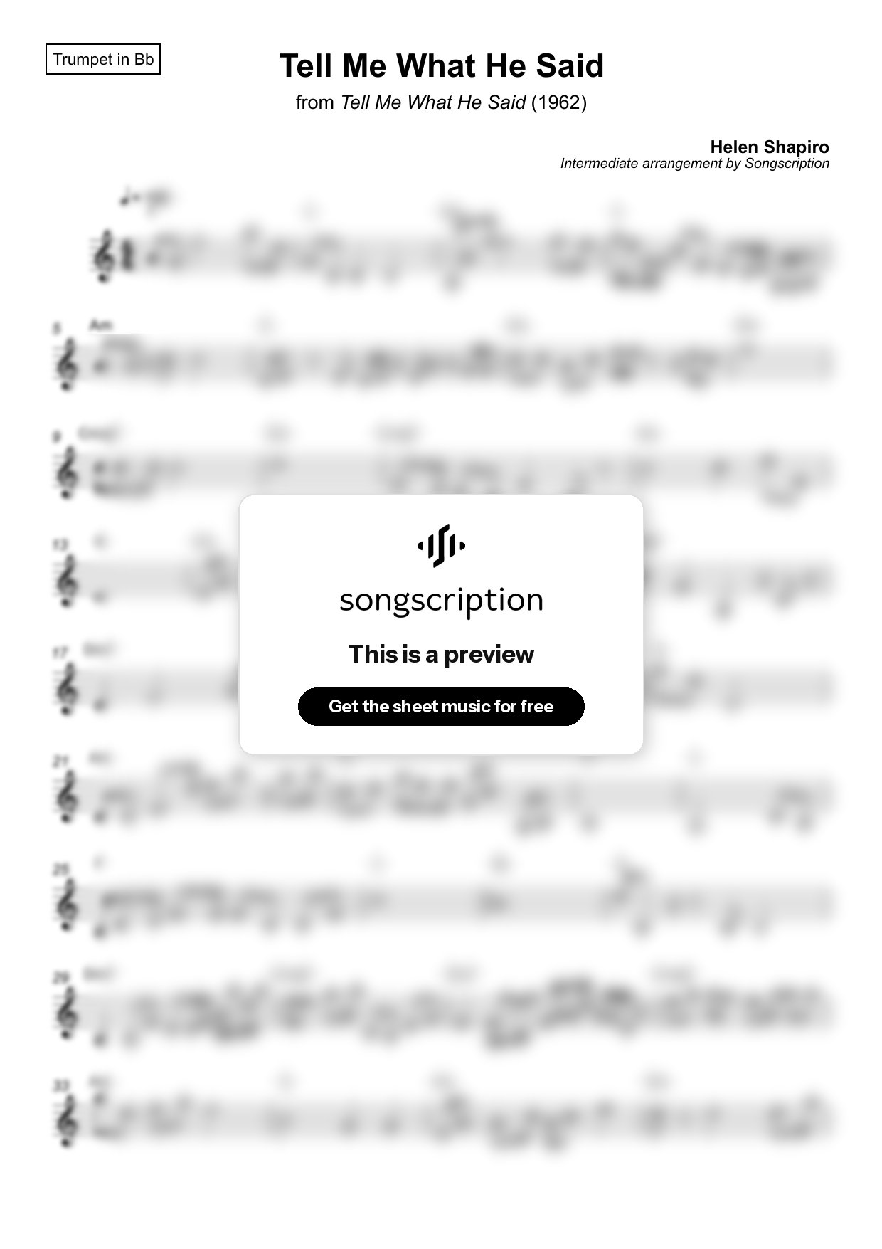Intermediate Trumpet Sheet Music for "Tell Me What He Said" by Helen Shapiro