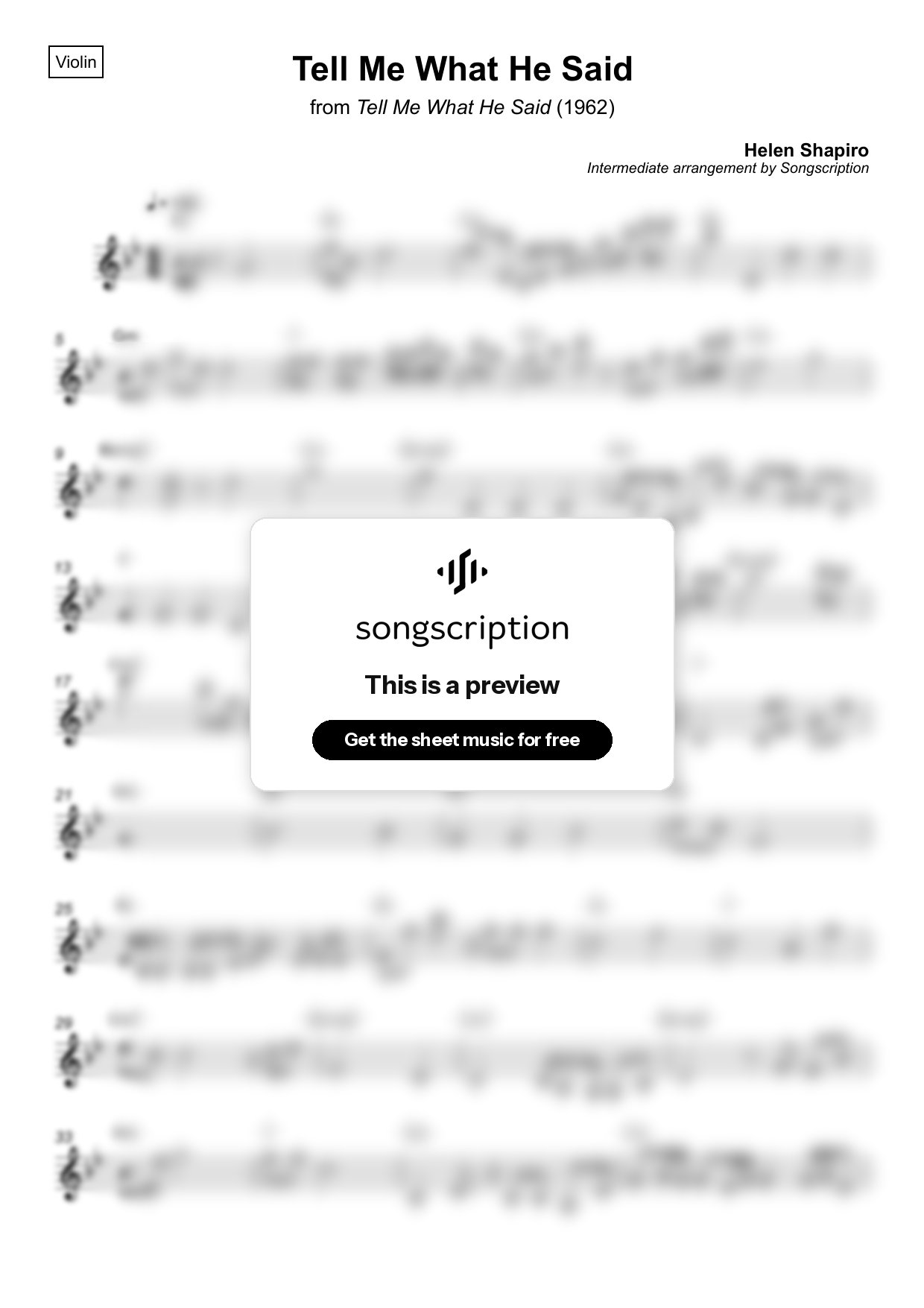 Intermediate Violin Sheet Music for "Tell Me What He Said" by Helen Shapiro