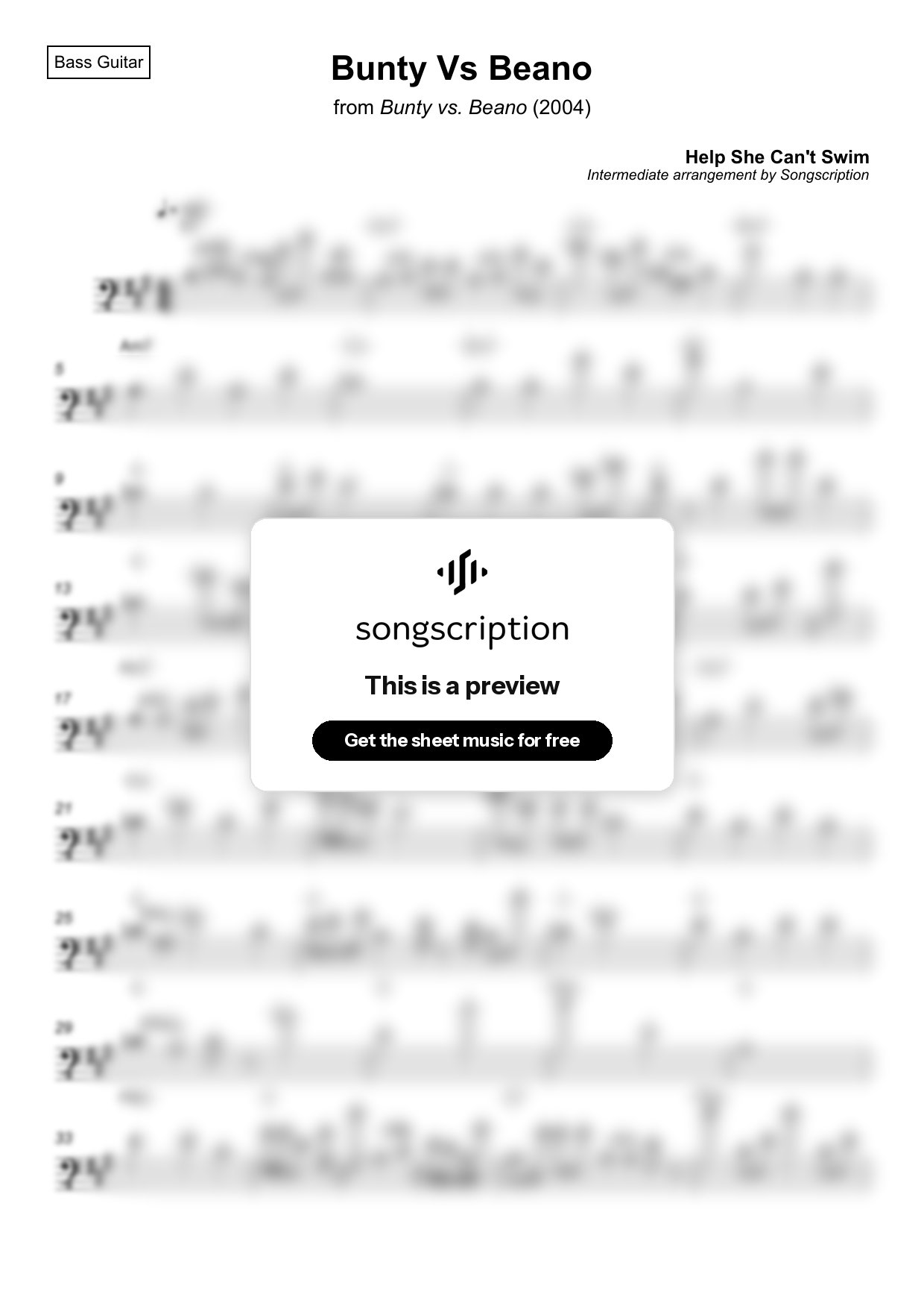 Intermediate Bass Guitar Sheet Music for "Bunty Vs Beano" by Help She Can't Swim