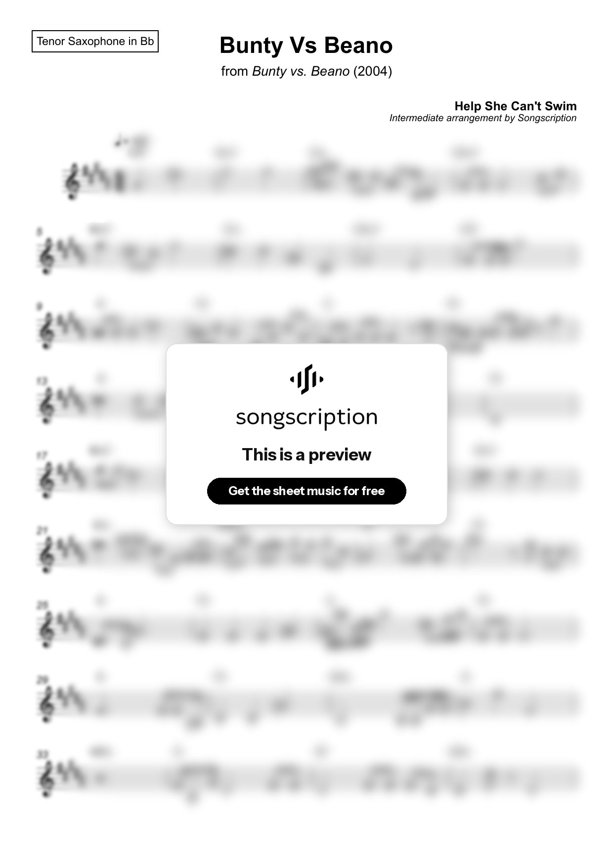 Intermediate Tenor Sax Sheet Music for "Bunty Vs Beano" by Help She Can't Swim