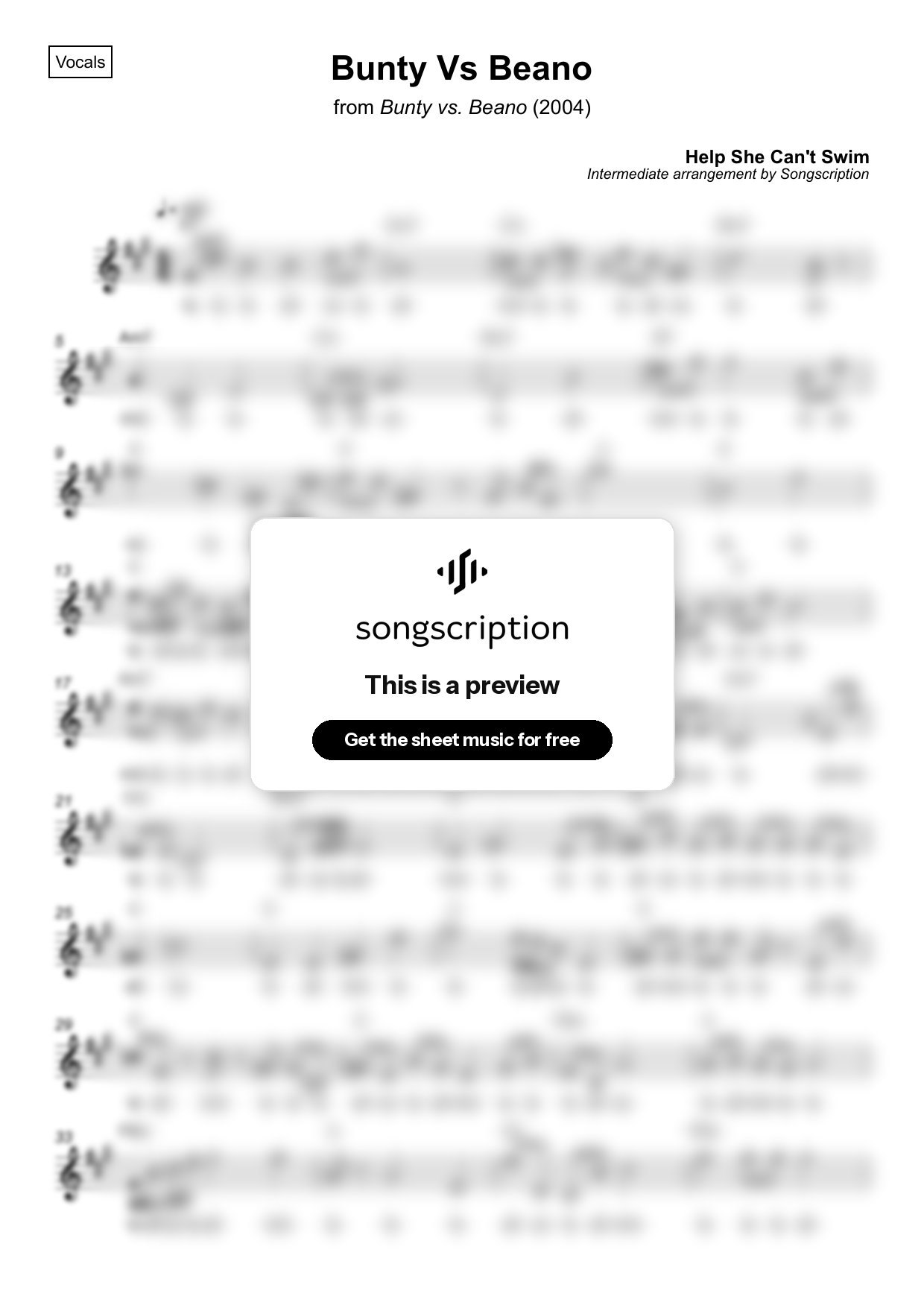 Intermediate Vocals Sheet Music for "Bunty Vs Beano" by Help She Can't Swim