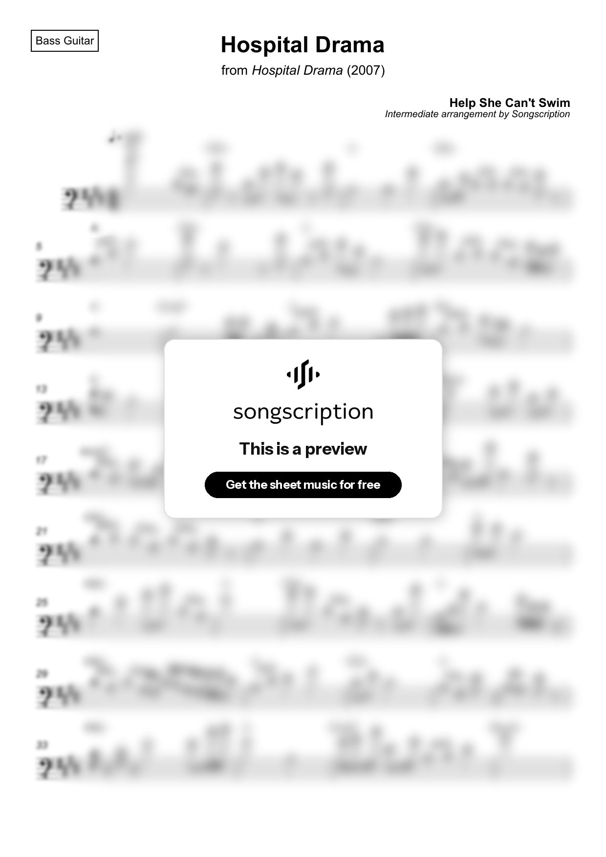 Intermediate Bass Guitar Sheet Music for "Hospital Drama" by Help She Can't Swim