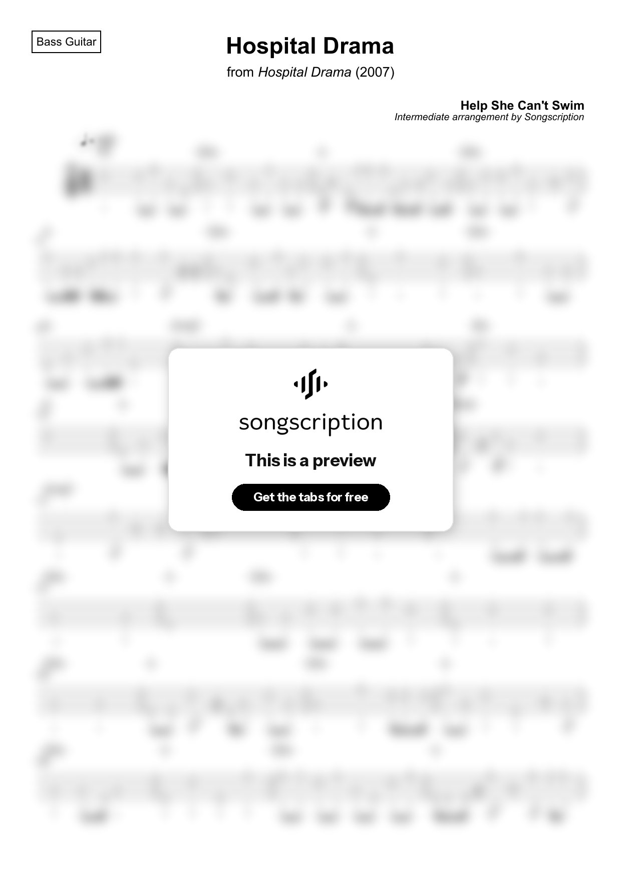 Intermediate Bass Guitar Tabs for "Hospital Drama" by Help She Can't Swim