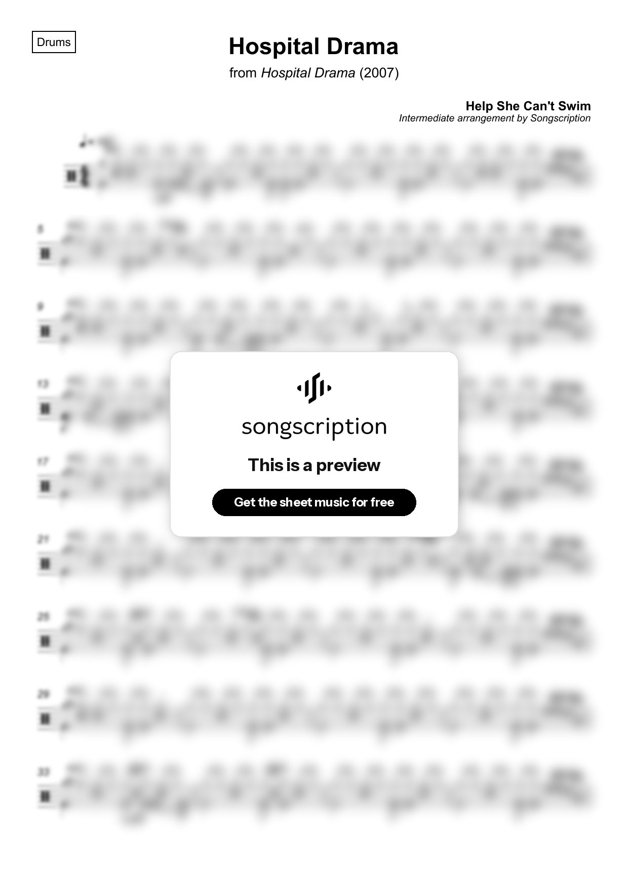 Intermediate Drums Sheet Music for "Hospital Drama" by Help She Can't Swim