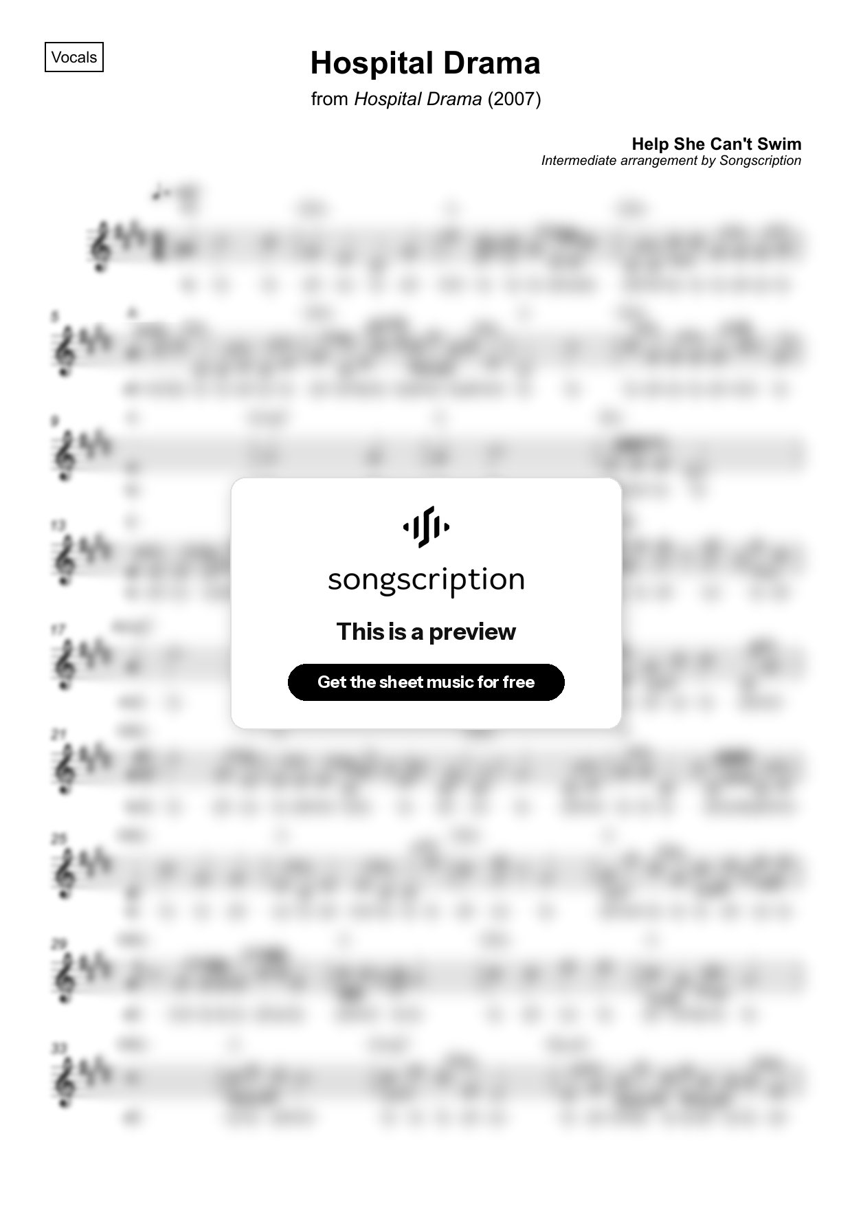 Intermediate Vocals Sheet Music for "Hospital Drama" by Help She Can't Swim