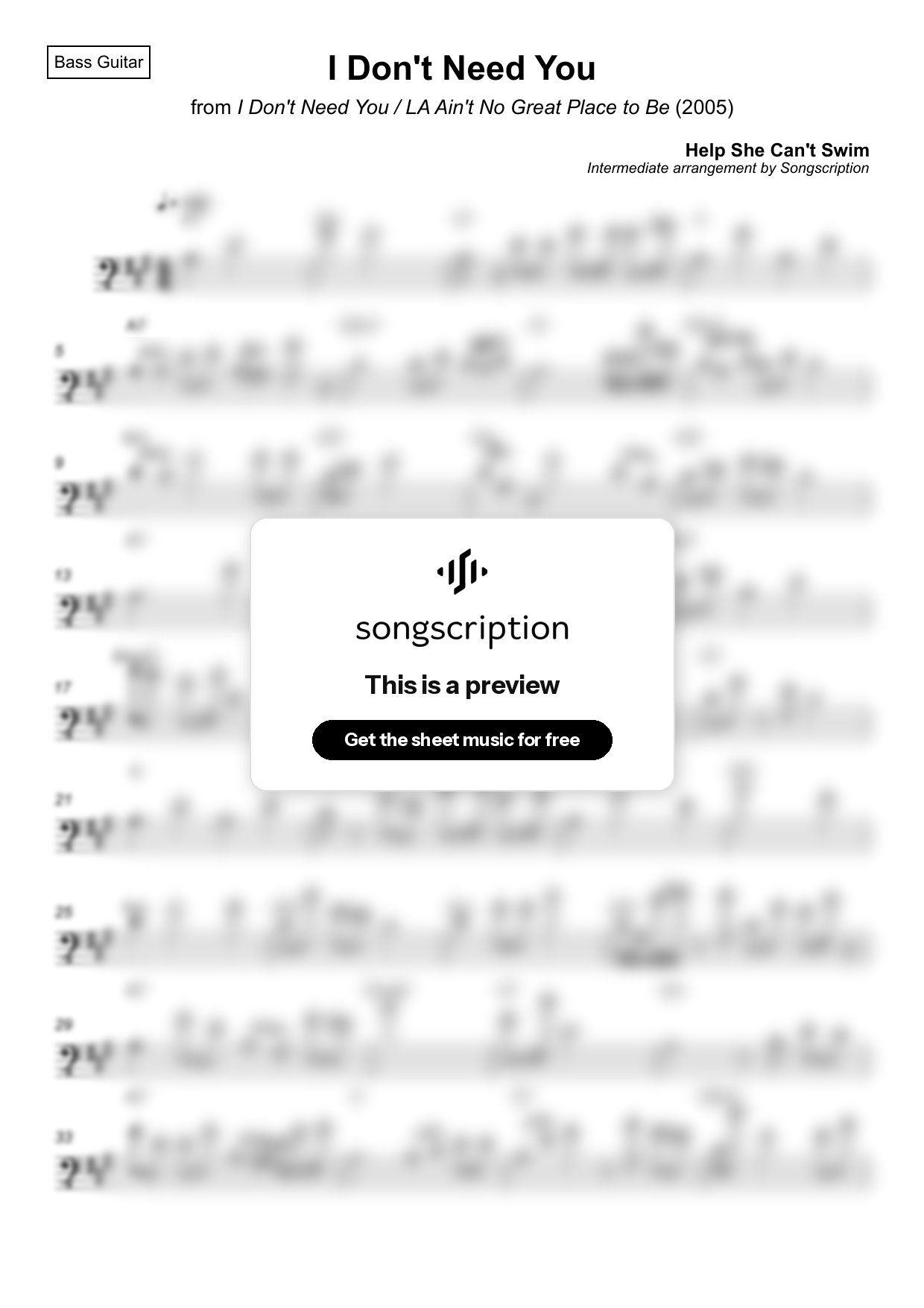 Intermediate Bass Guitar Sheet Music for "I Don't Need You" by Help She Can't Swim