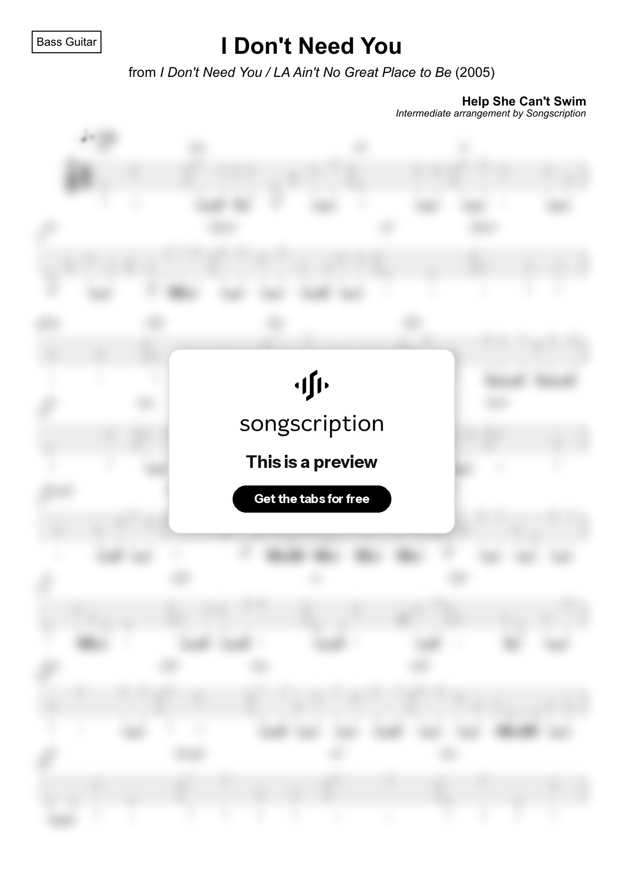 Intermediate Bass Guitar Tabs for "I Don't Need You" by Help She Can't Swim