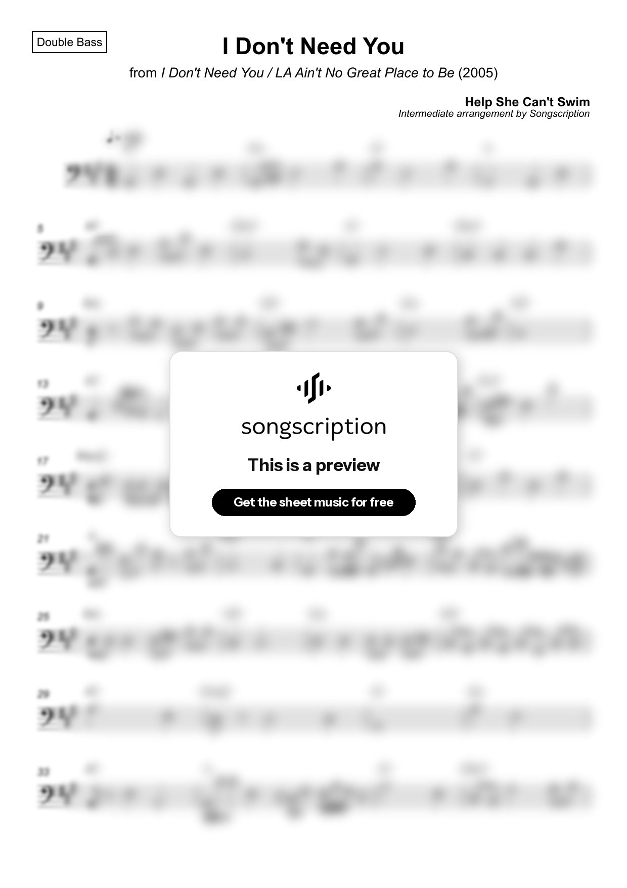 Intermediate Double Bass Sheet Music for "I Don't Need You" by Help She Can't Swim