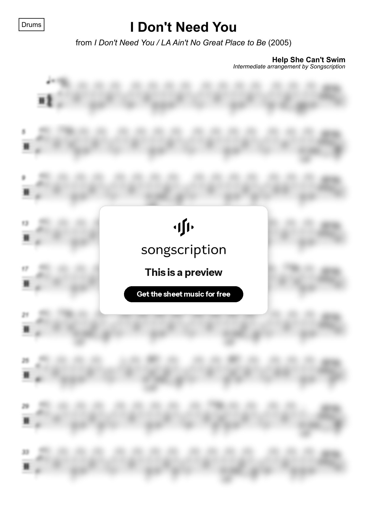 Intermediate Drums Sheet Music for "I Don't Need You" by Help She Can't Swim