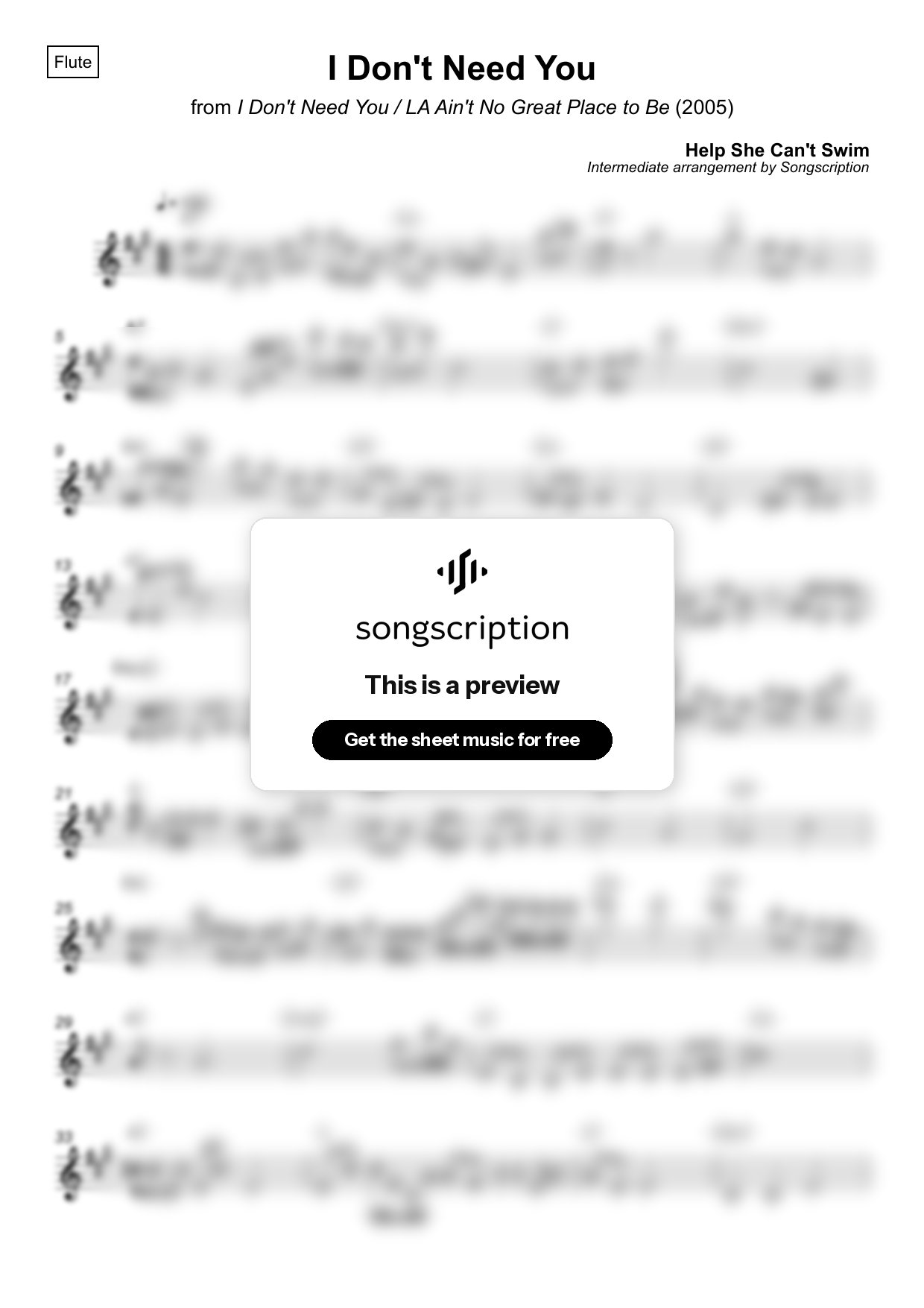 Intermediate Flute Sheet Music for "I Don't Need You" by Help She Can't Swim