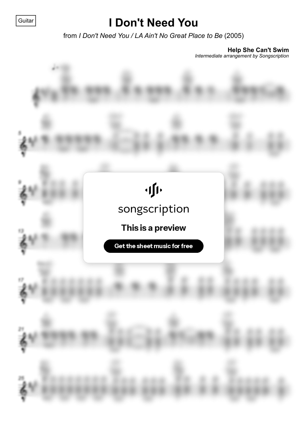 Intermediate Acoustic Guitar Sheet Music for "I Don't Need You" by Help She Can't Swim