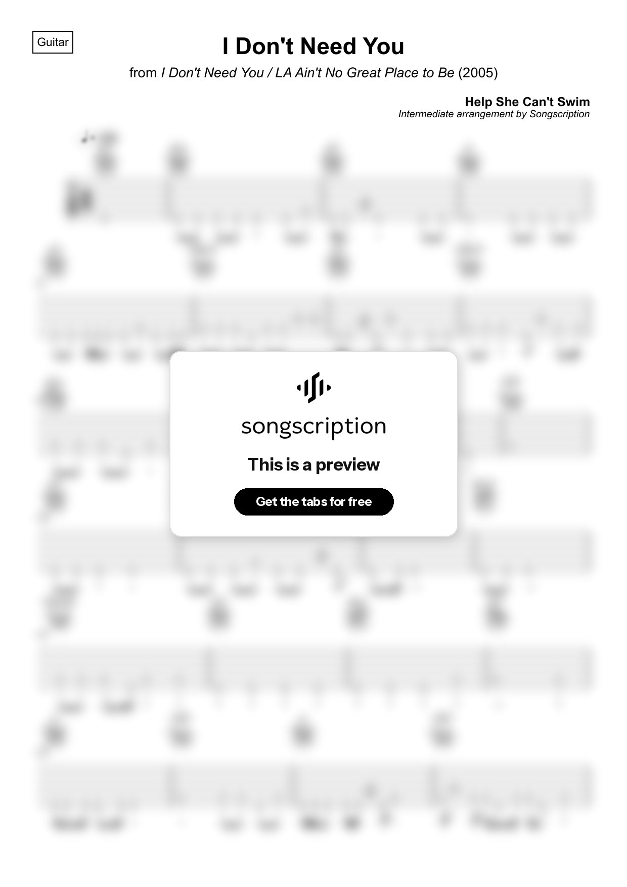 Intermediate Acoustic Guitar Tabs for "I Don't Need You" by Help She Can't Swim