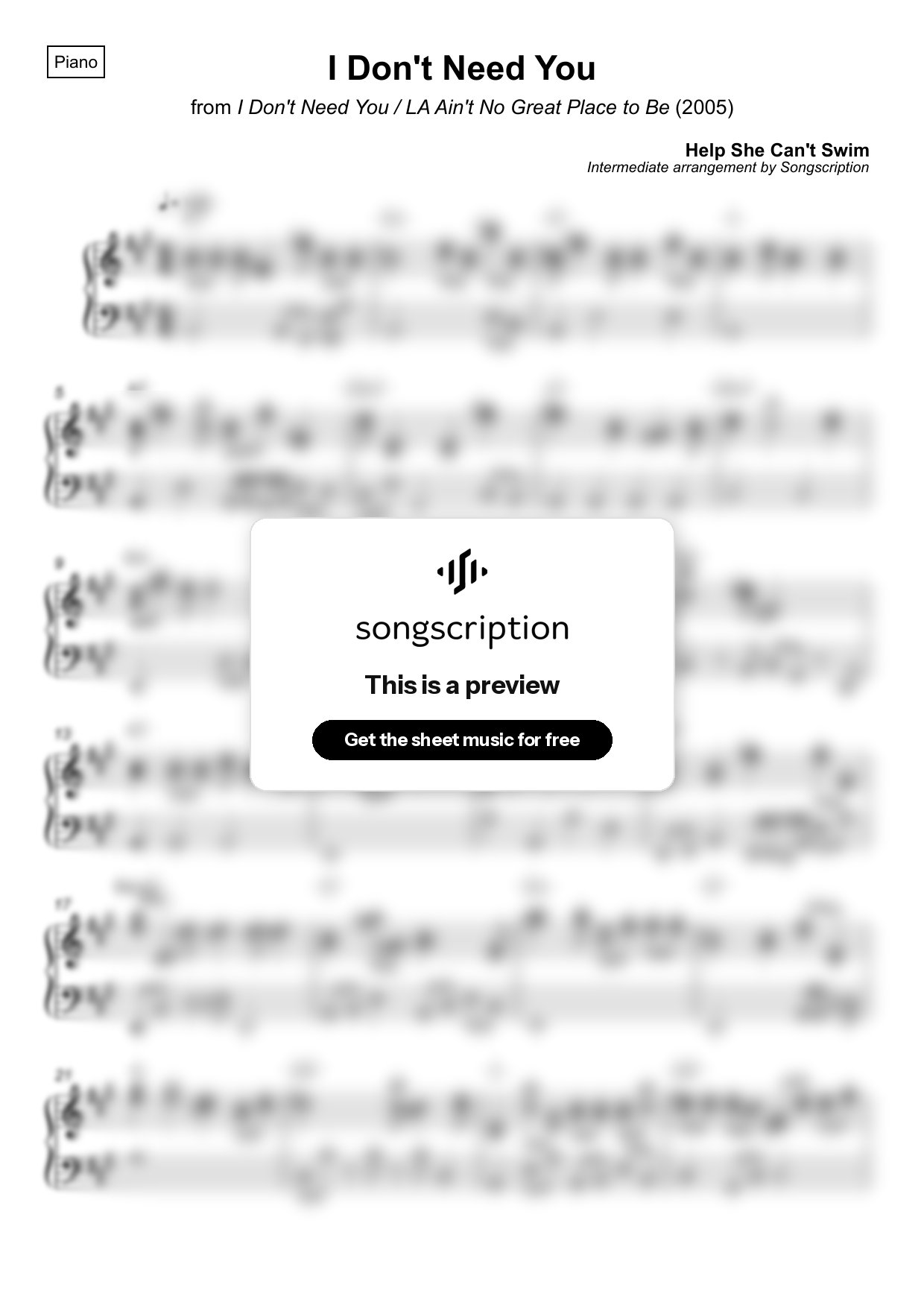 Intermediate Piano Sheet Music for "I Don't Need You" by Help She Can't Swim