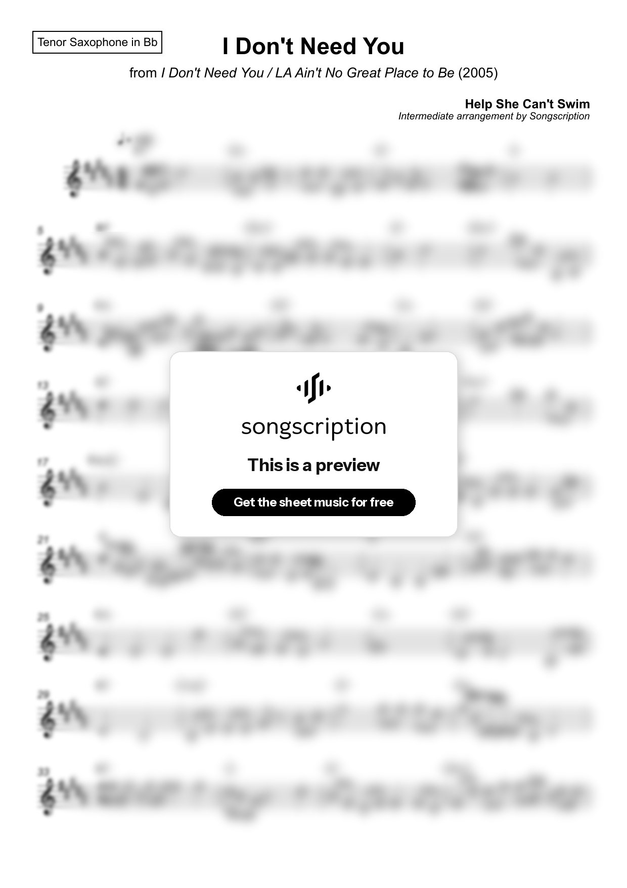 Intermediate Tenor Sax Sheet Music for "I Don't Need You" by Help She Can't Swim