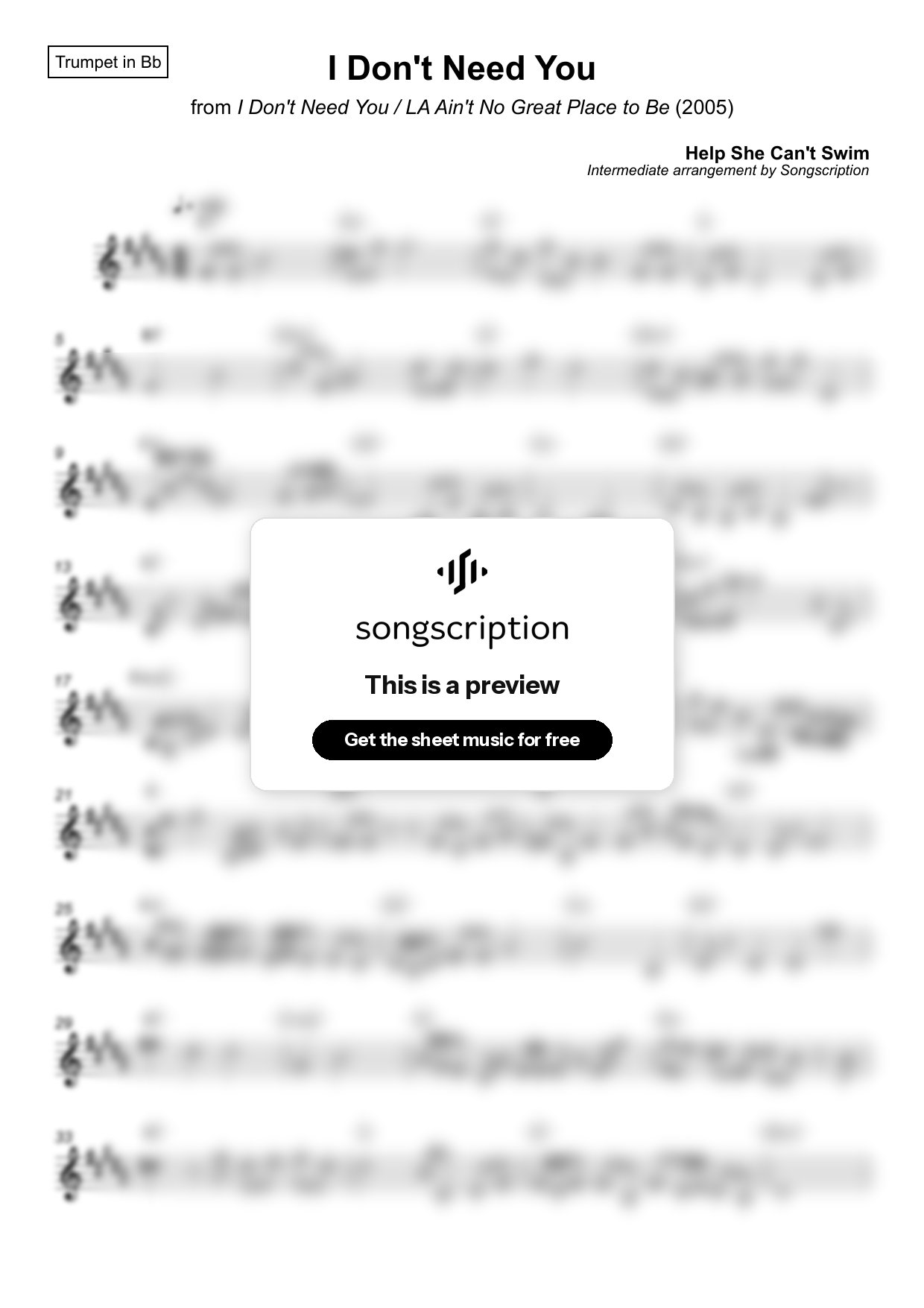 Intermediate Trumpet Sheet Music for "I Don't Need You" by Help She Can't Swim