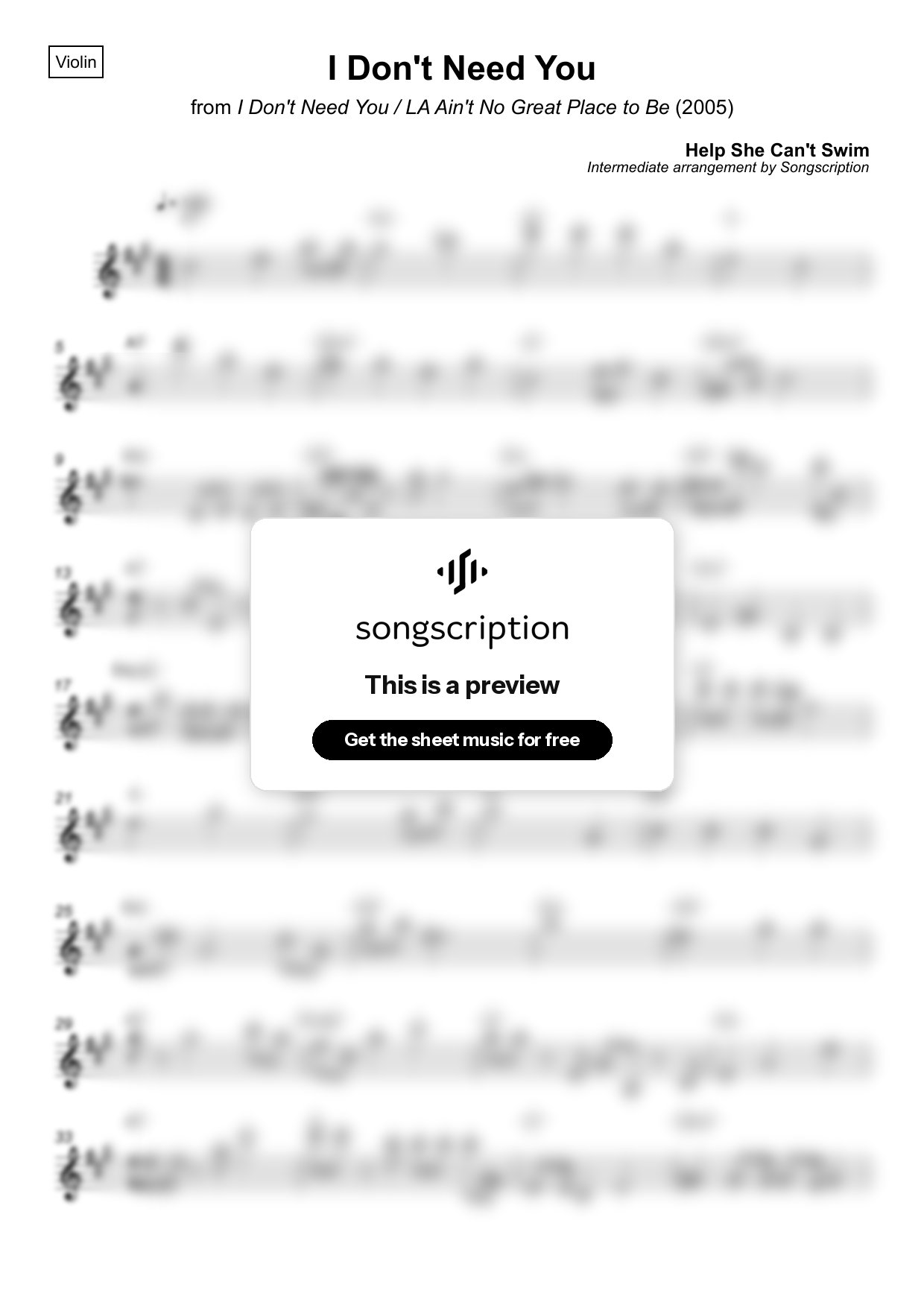 Intermediate Violin Sheet Music for "I Don't Need You" by Help She Can't Swim