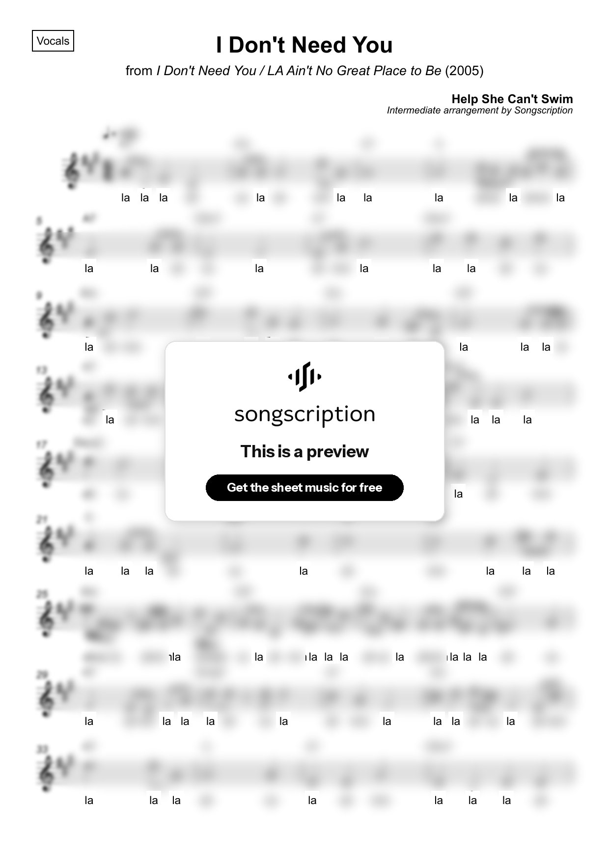Intermediate Vocals Sheet Music for "I Don't Need You" by Help She Can't Swim