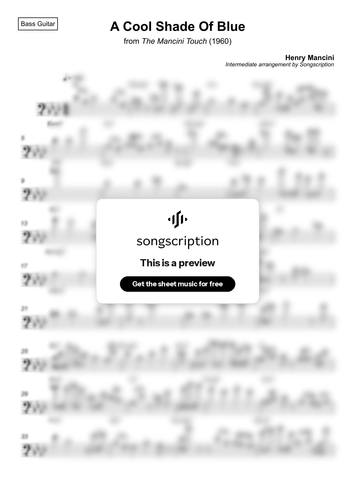 Intermediate Bass Guitar Sheet Music for "A Cool Shade Of Blue" by Henry Mancini