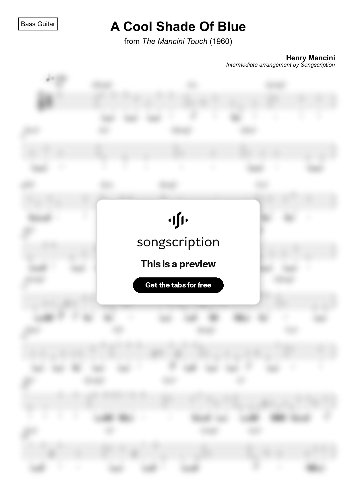 Intermediate Bass Guitar Tabs for "A Cool Shade Of Blue" by Henry Mancini