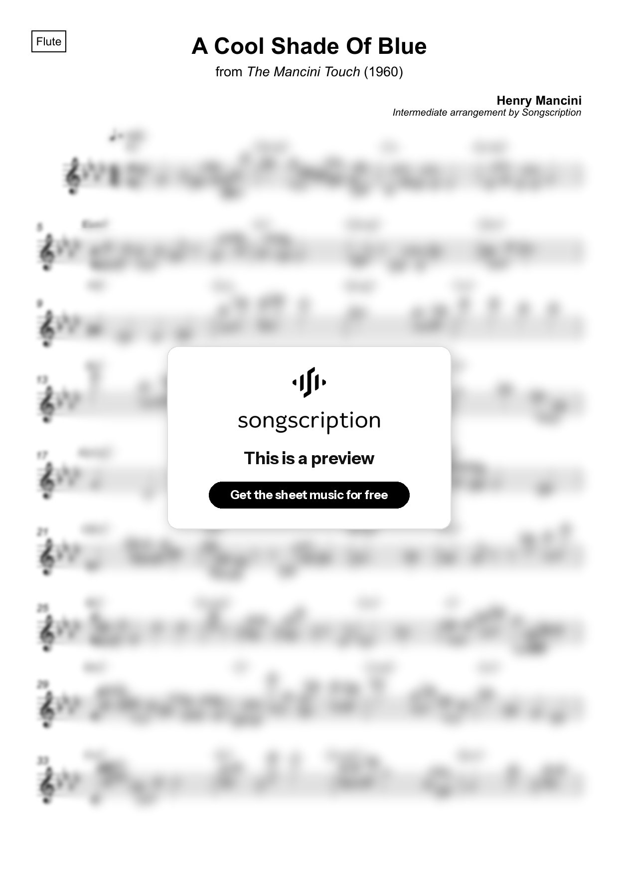 Intermediate Flute Sheet Music for "A Cool Shade Of Blue" by Henry Mancini