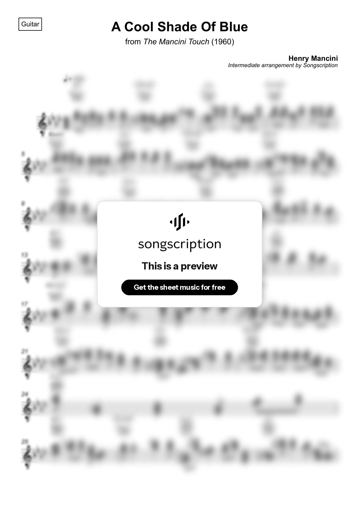 Intermediate Acoustic Guitar Sheet Music for "A Cool Shade Of Blue" by Henry Mancini