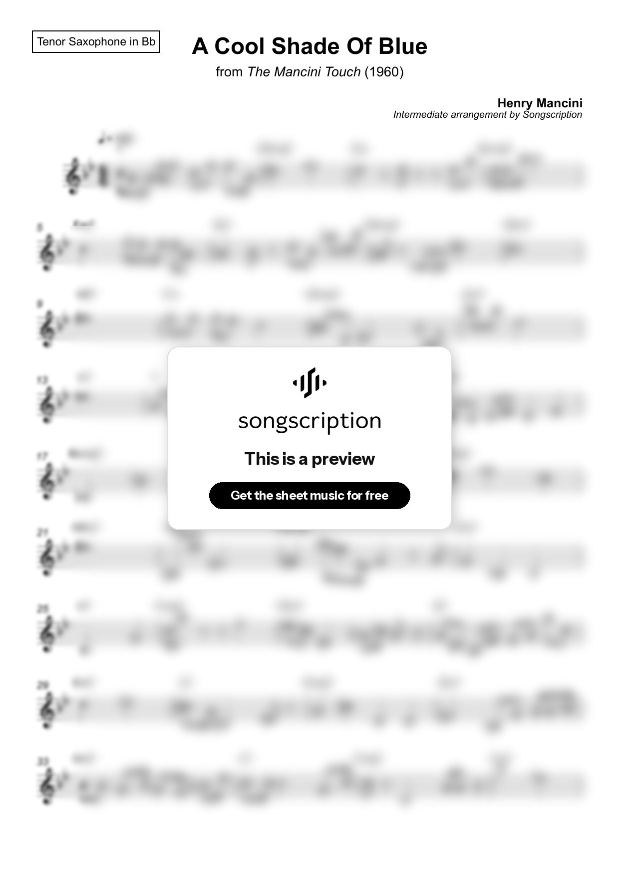 Intermediate Tenor Sax Sheet Music for "A Cool Shade Of Blue" by Henry Mancini