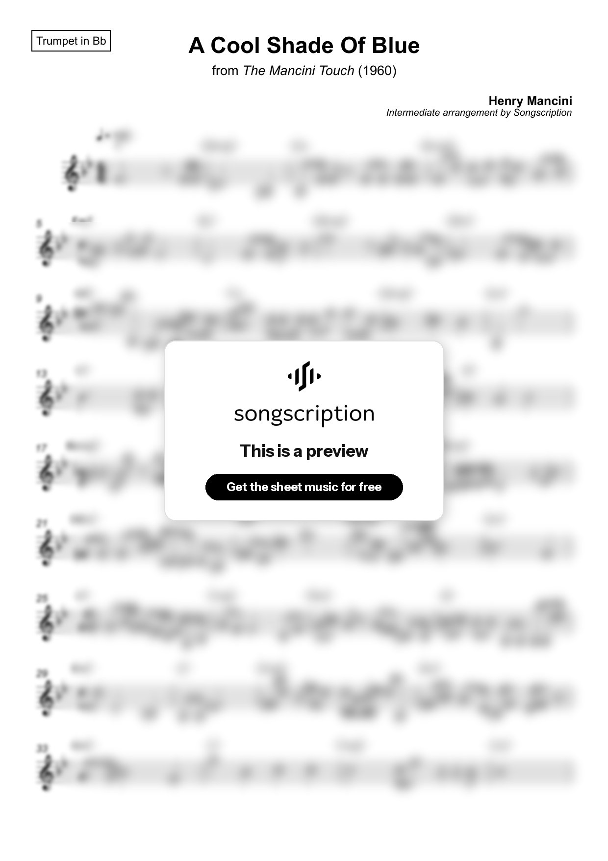 Intermediate Trumpet Sheet Music for "A Cool Shade Of Blue" by Henry Mancini