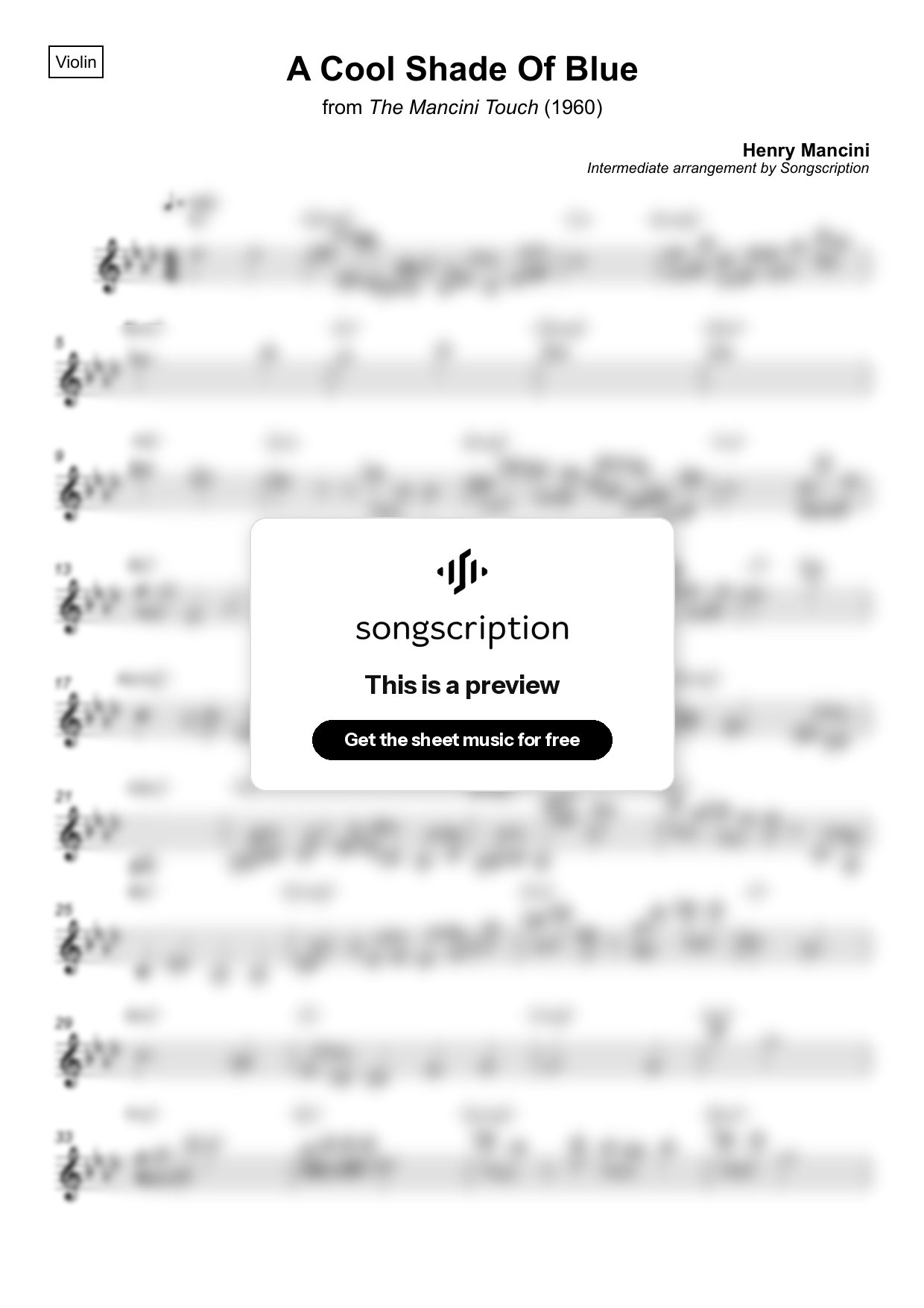Intermediate Violin Sheet Music for "A Cool Shade Of Blue" by Henry Mancini