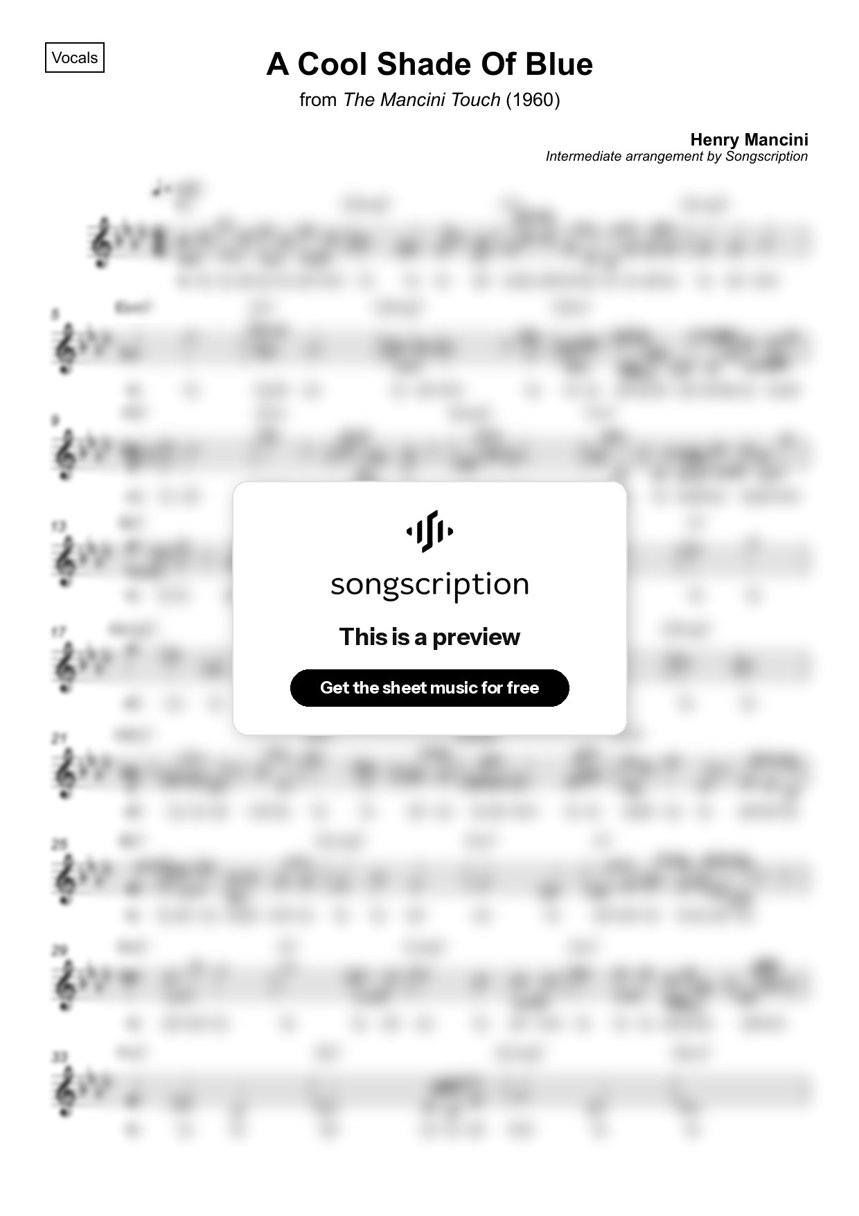 Intermediate Vocals Sheet Music for "A Cool Shade Of Blue" by Henry Mancini
