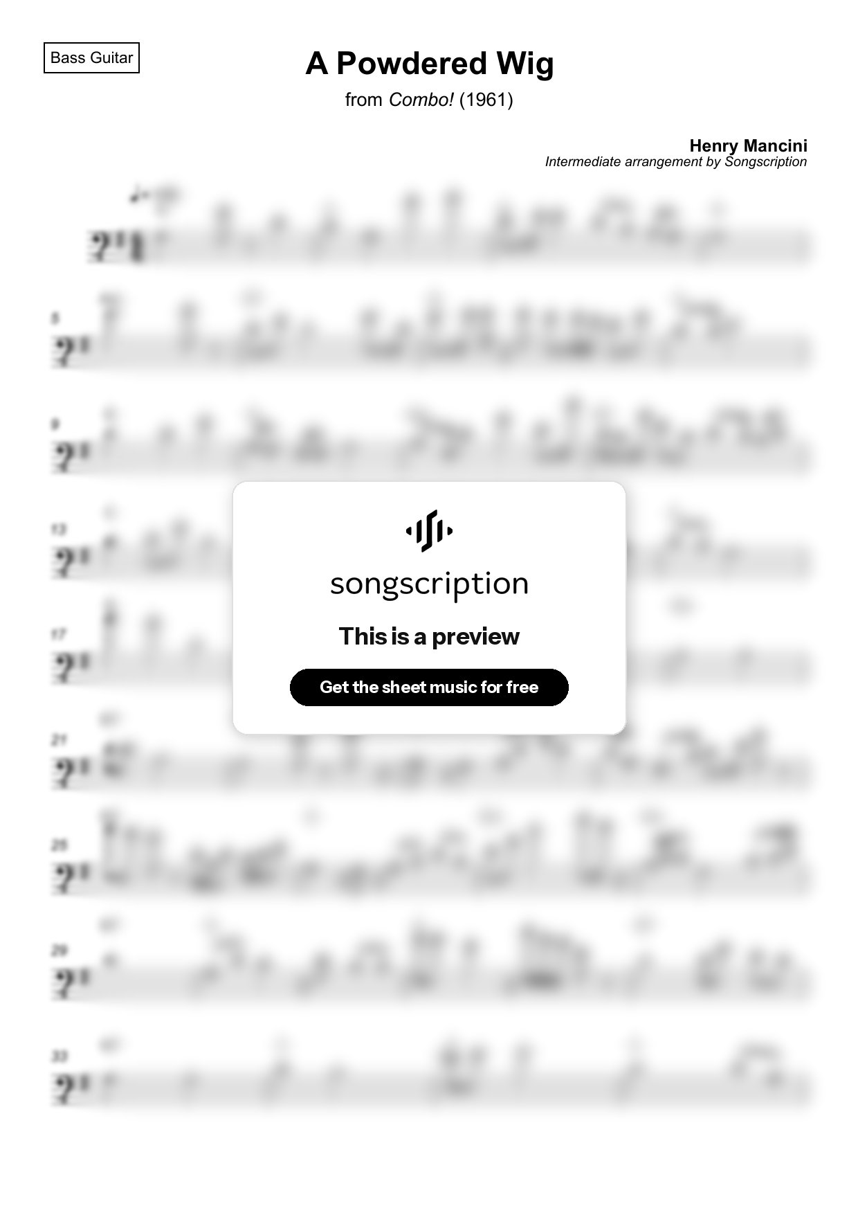 Intermediate Bass Guitar Sheet Music for "A Powdered Wig" by Henry Mancini