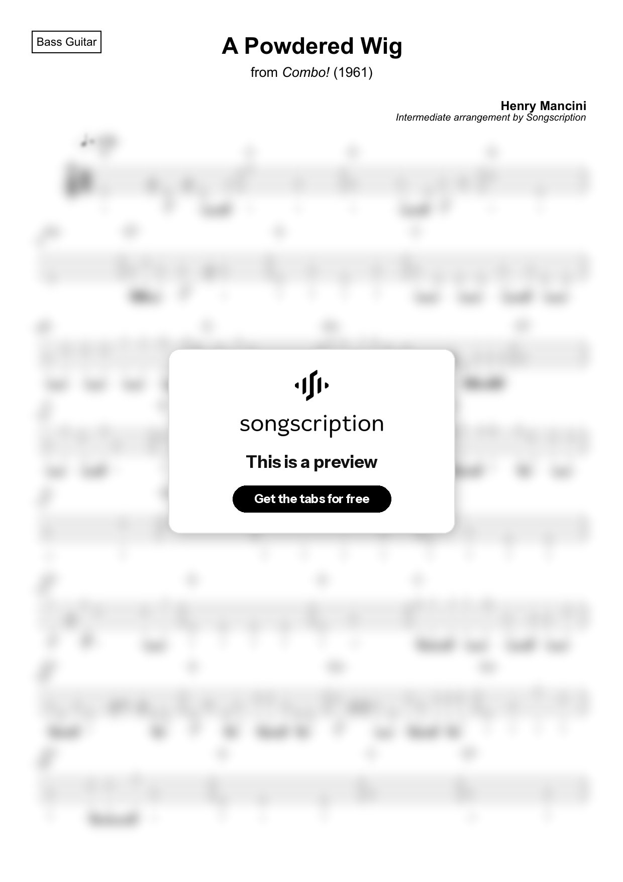 Intermediate Bass Guitar Tabs for "A Powdered Wig" by Henry Mancini