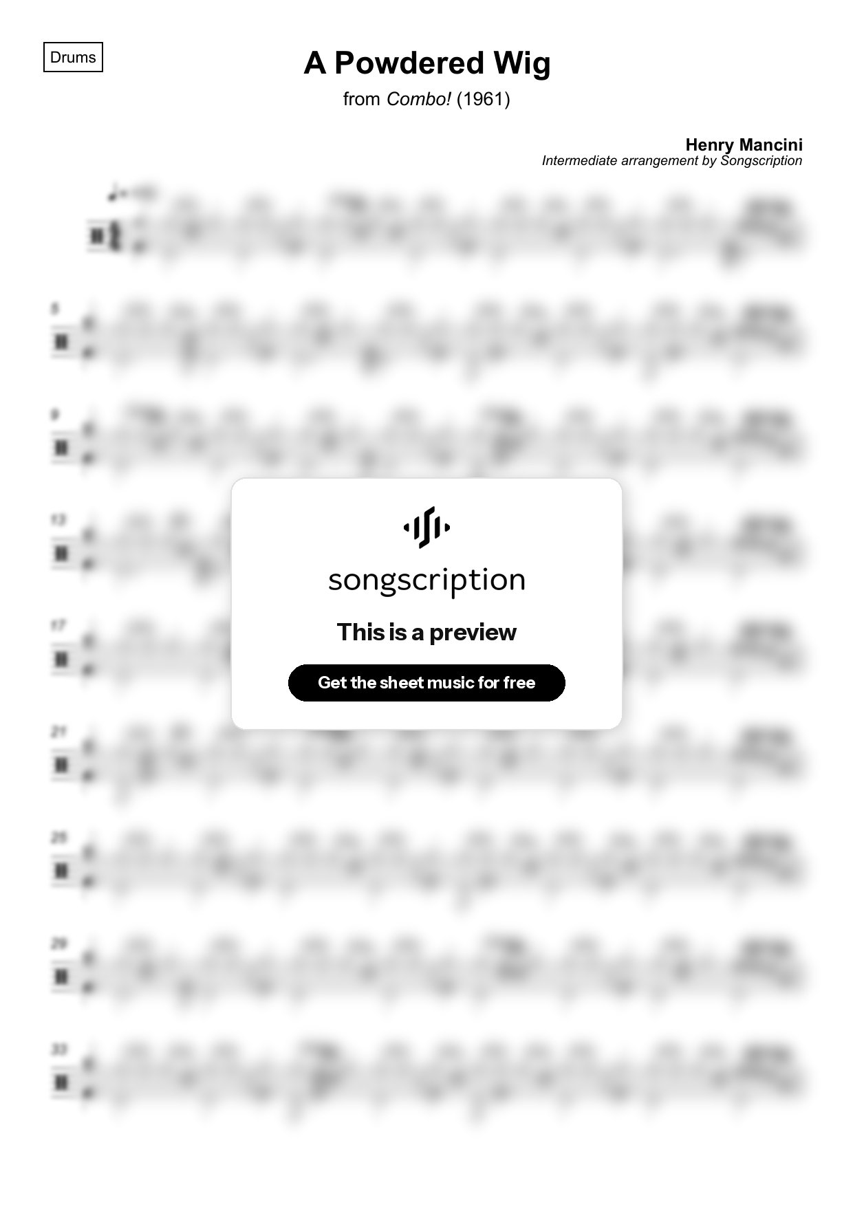 Intermediate Drums Sheet Music for "A Powdered Wig" by Henry Mancini