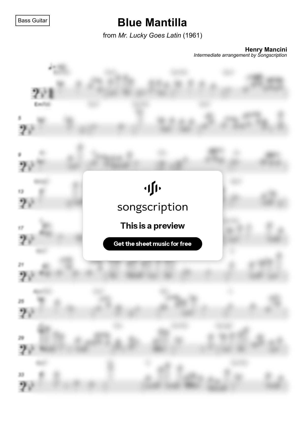 Intermediate Bass Guitar Sheet Music for "Blue Mantilla" by Henry Mancini