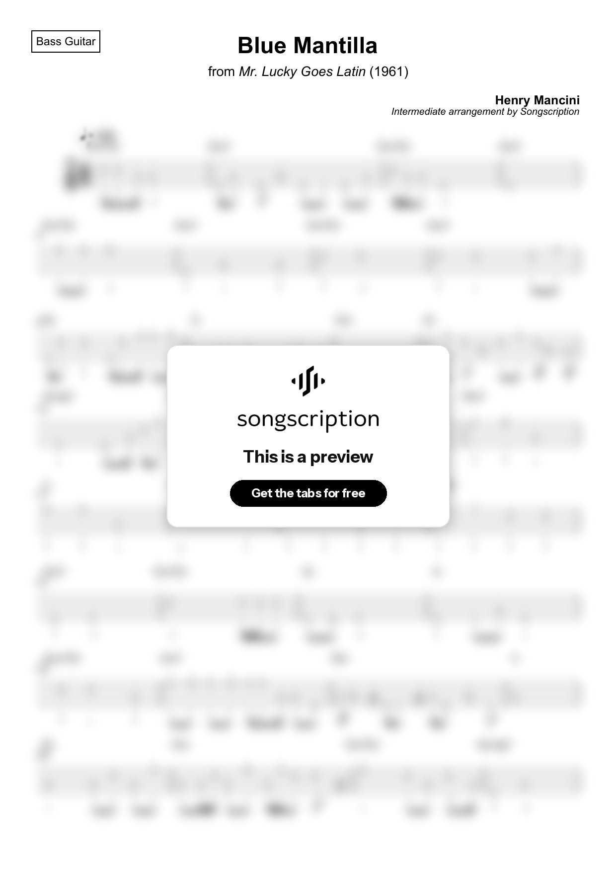 Intermediate Bass Guitar Tabs for "Blue Mantilla" by Henry Mancini
