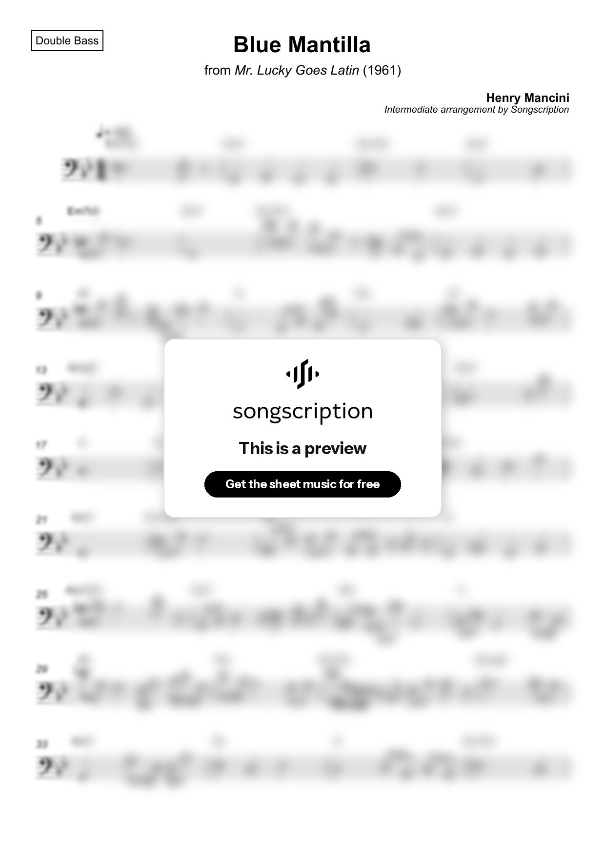 Intermediate Double Bass Sheet Music for "Blue Mantilla" by Henry Mancini