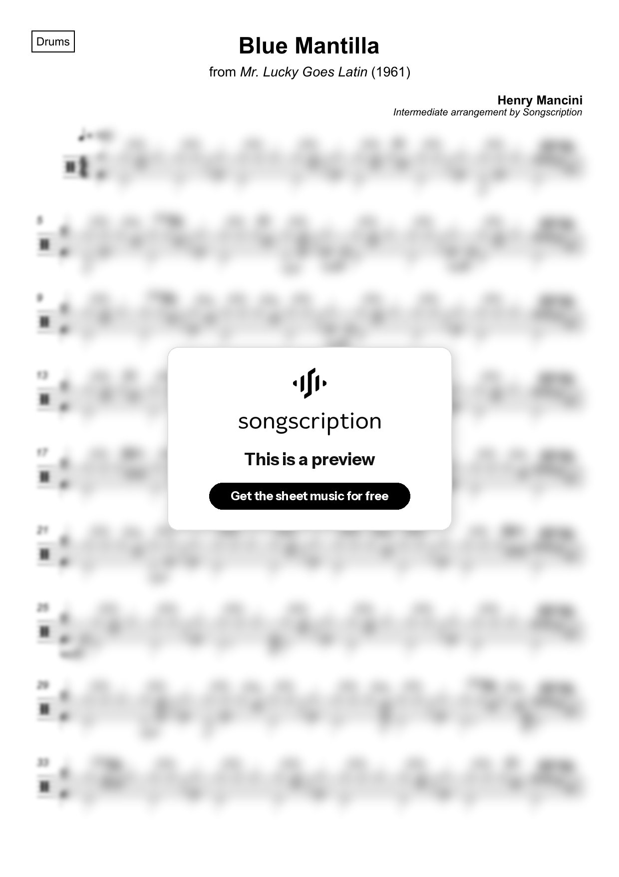 Intermediate Drums Sheet Music for "Blue Mantilla" by Henry Mancini